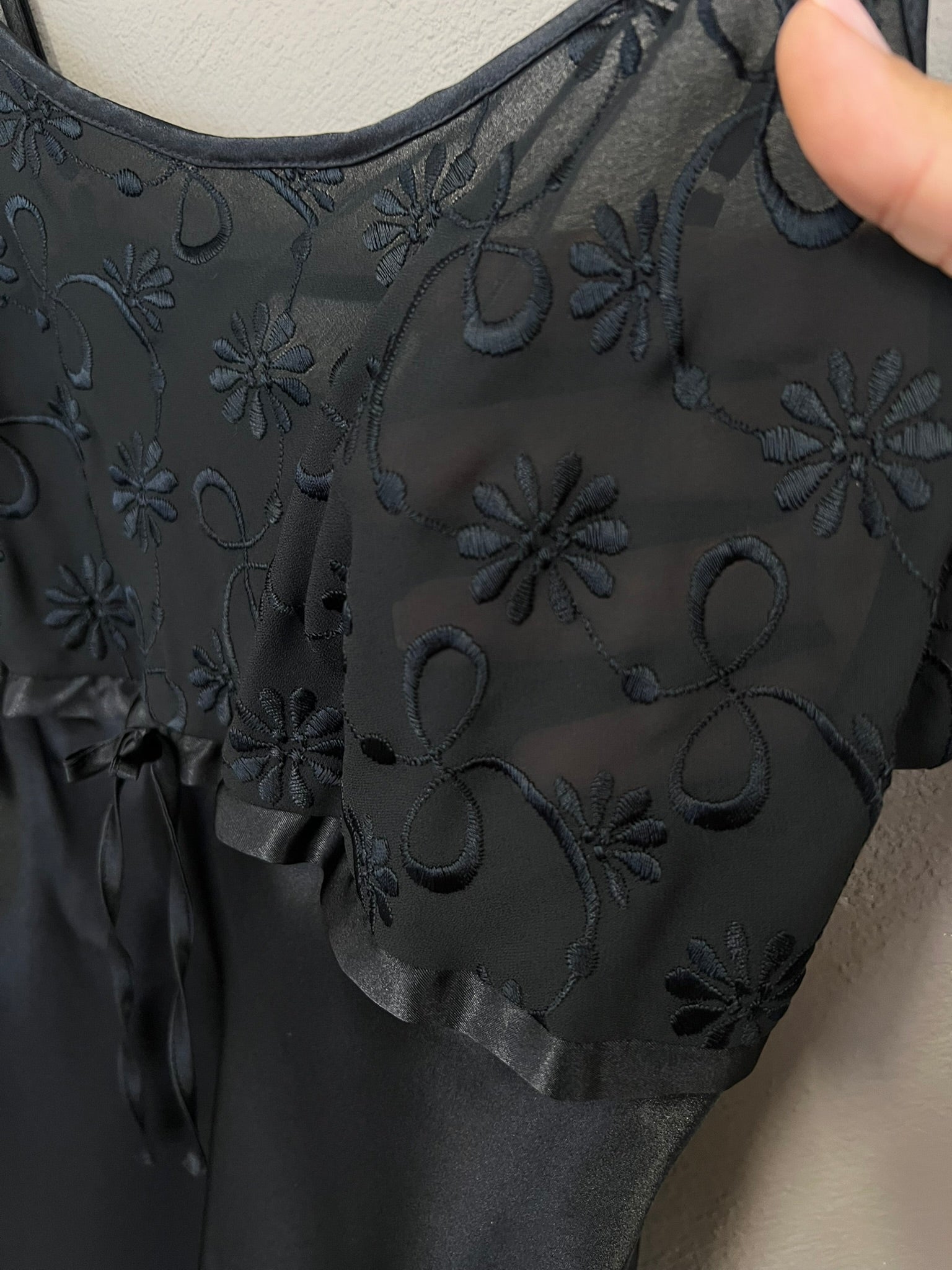 Black Slip Dress Sheer Embroidered Satin Strappy Mini Dress UK 10-12