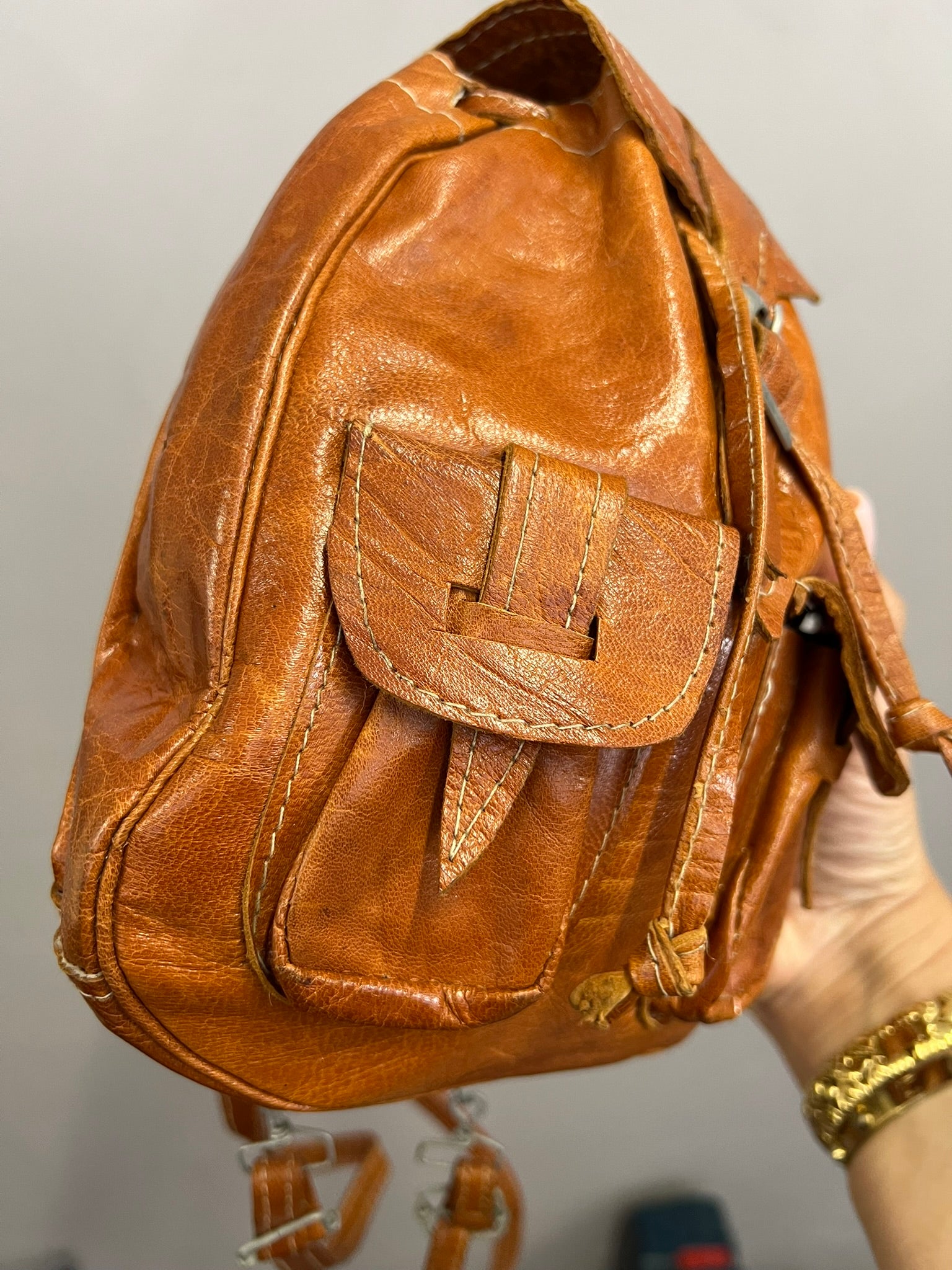 Tan Leather Mini Backpack Vintage Rucksack Bag