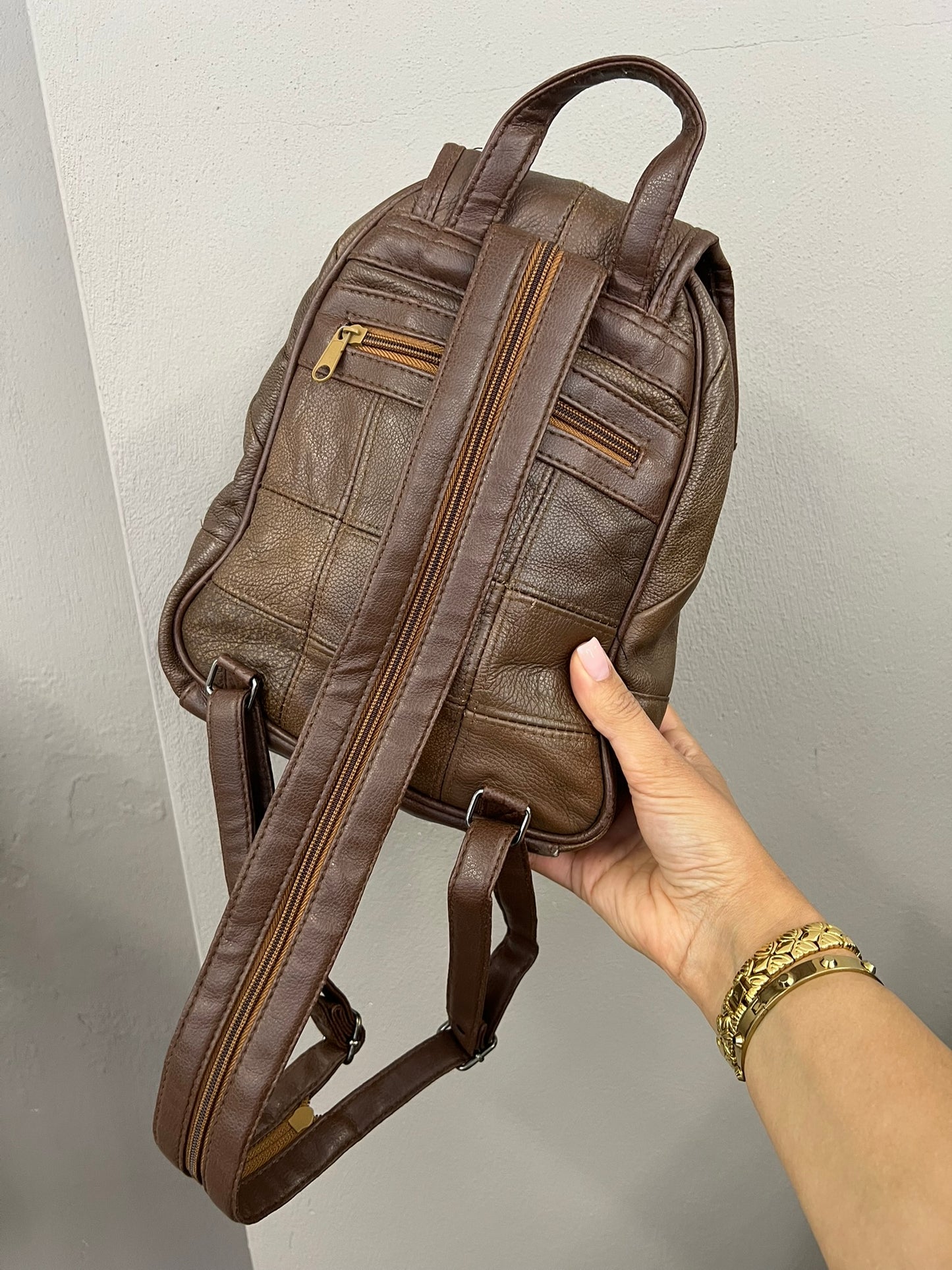 Brown Patchwork Handbag Faux Leather Backpack Vintage 90s Convertible Strap Ruck