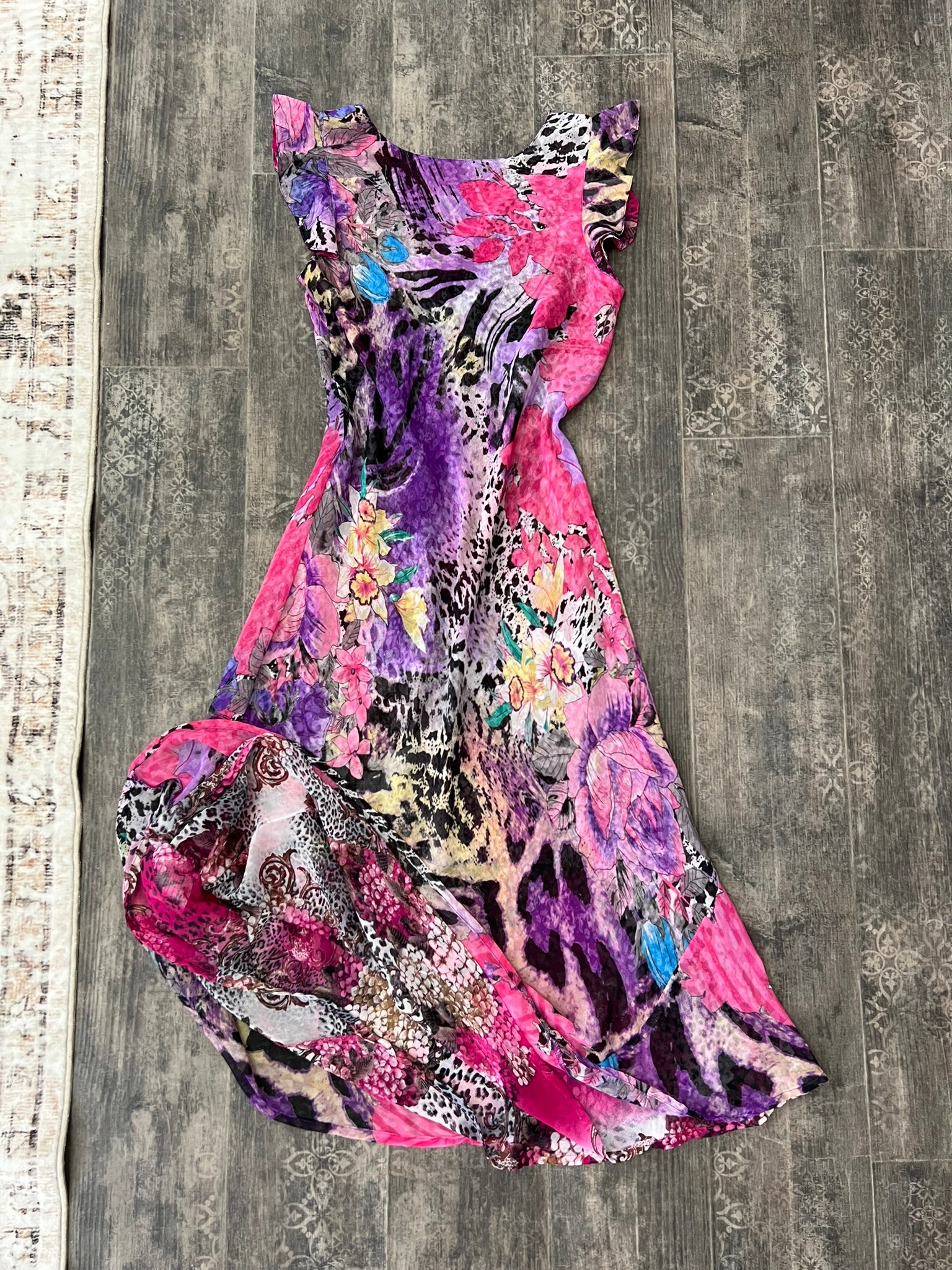Reversible Floral Ruffle Dress Y2K Sheer Long Dress Animal Print Dress Bold Prin