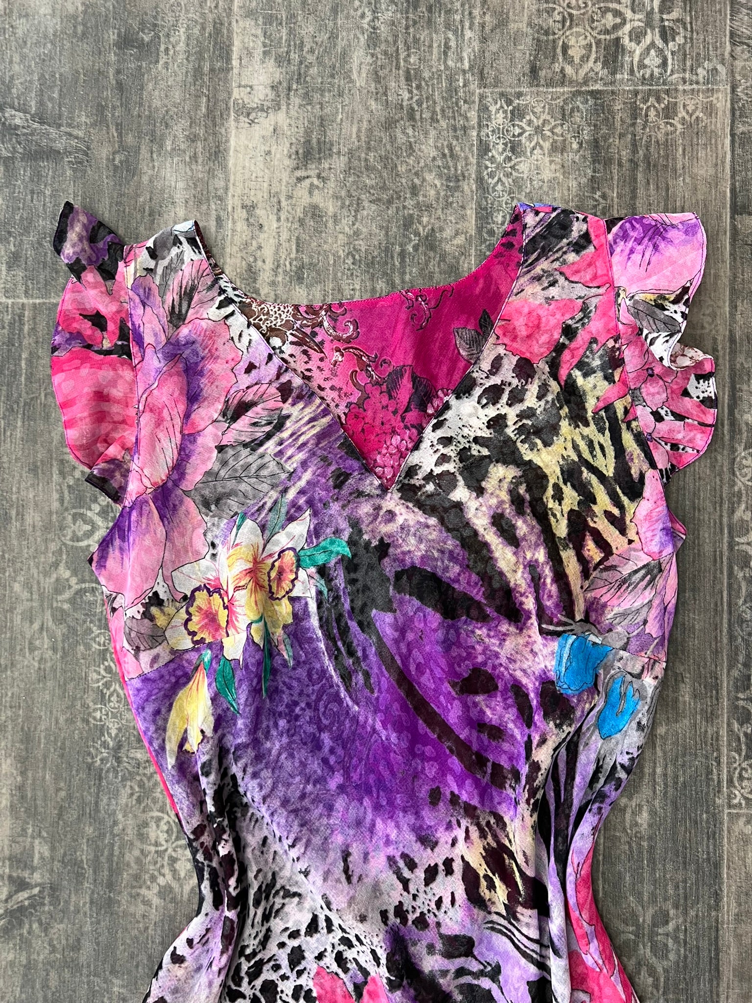 Reversible Floral Ruffle Dress Y2K Sheer Long Dress Animal Print Dress Bold Prin