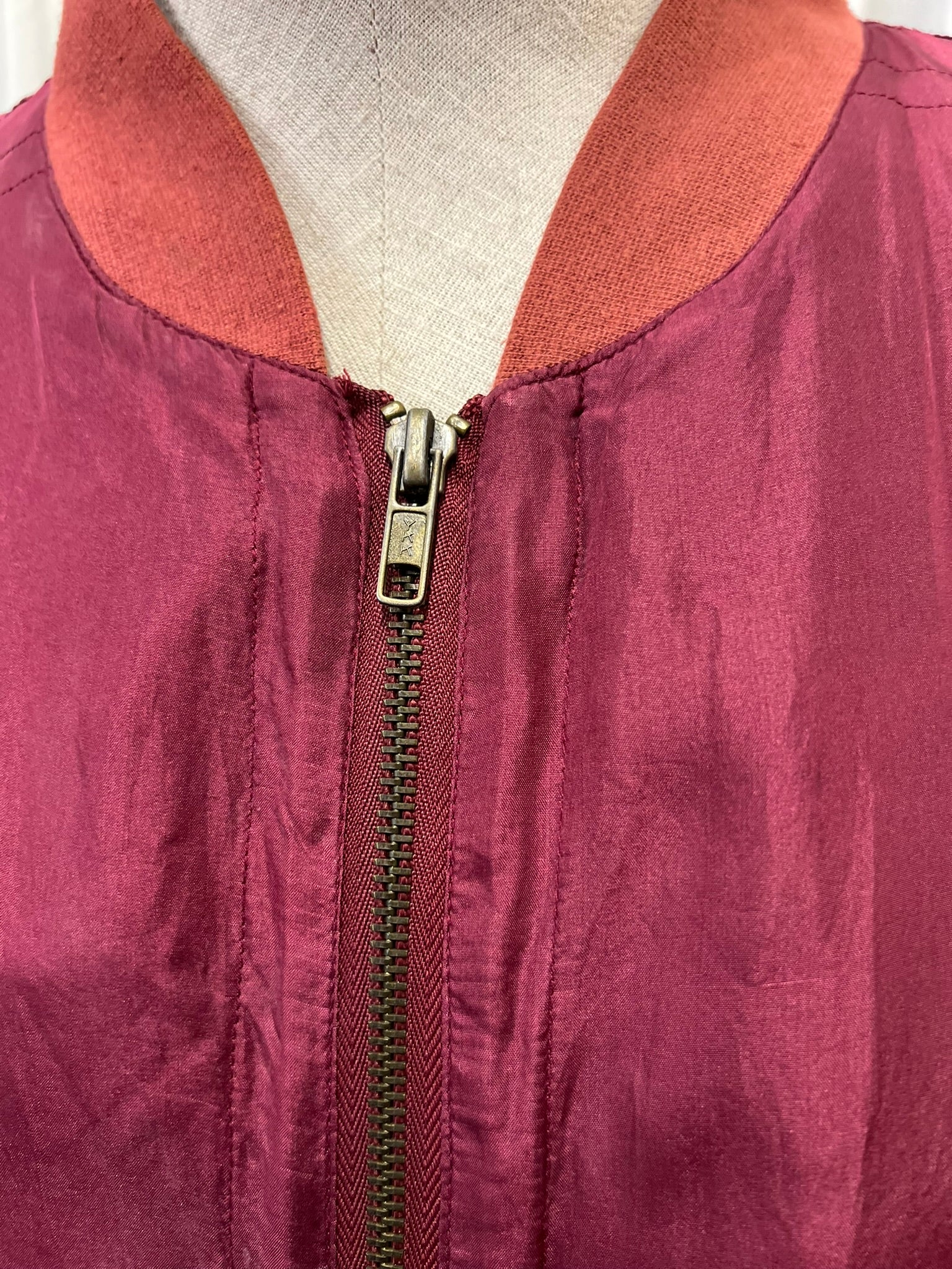 Vintage 1980s Maroon Pure Silk Bomber Jacket 100% Silk Vintage Burgundy Genuine Silk Lightweight Oversized Women's Jacket Size M