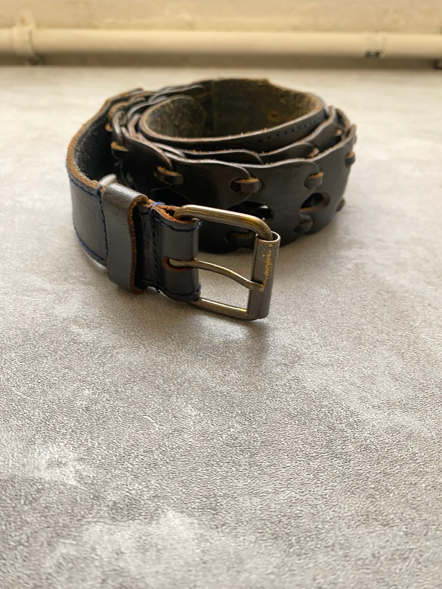 Vintage Belt Woven Black Leather Brass Buckle Western