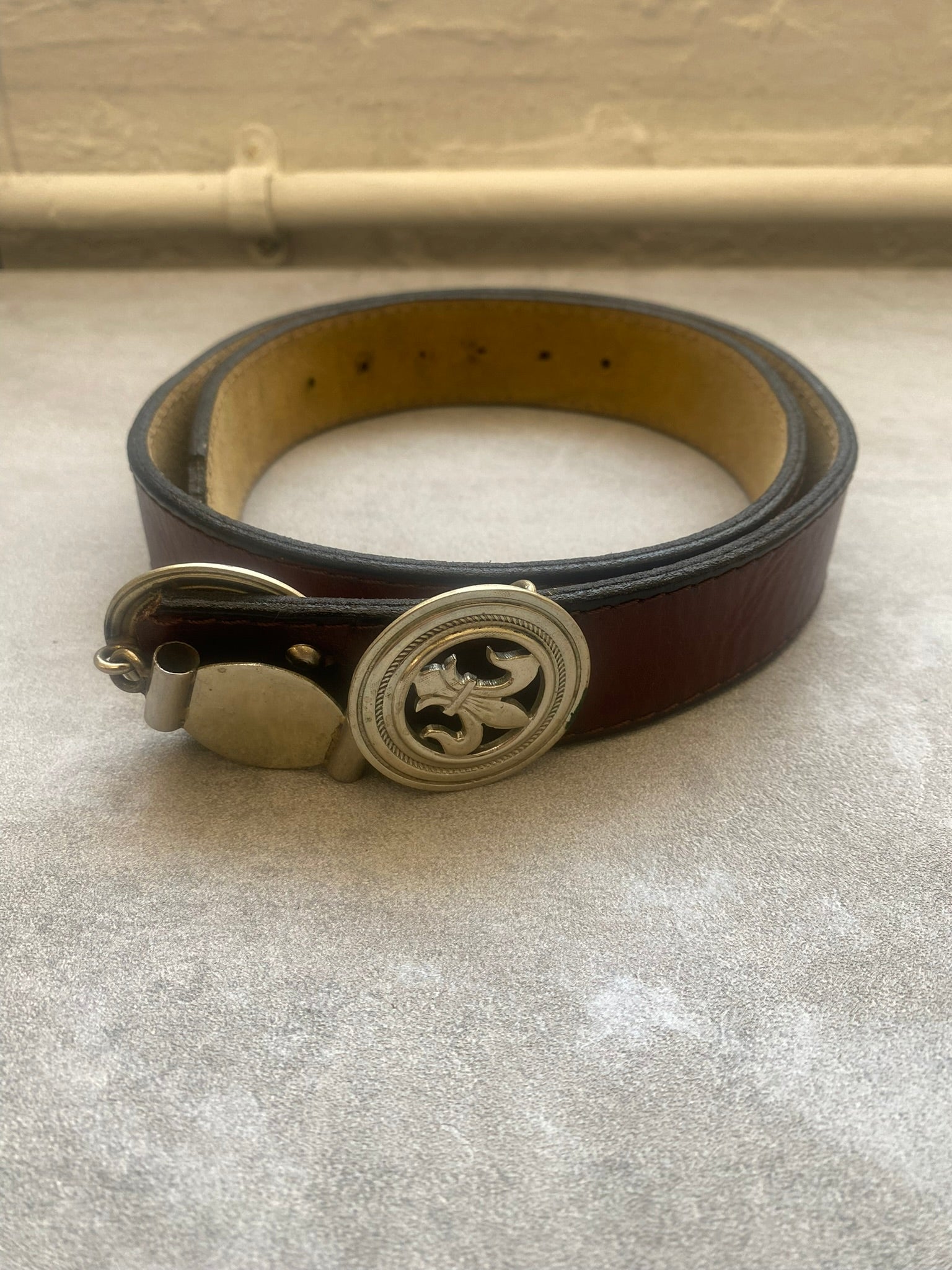 Vintage Brown Leather Belt Rudi Belt Fleur de Lis Buckle