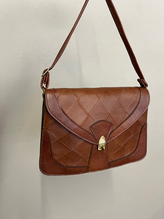 Vintage Brown Faux Leather Patchwork Shoulder Bag Made in Britain