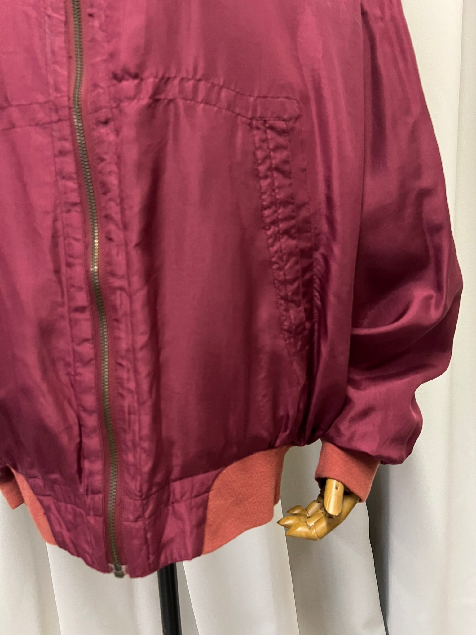 Vintage 1980s Maroon Pure Silk Bomber Jacket 100% Silk Vintage Burgundy Genuine Silk Lightweight Oversized Women's Jacket Size M