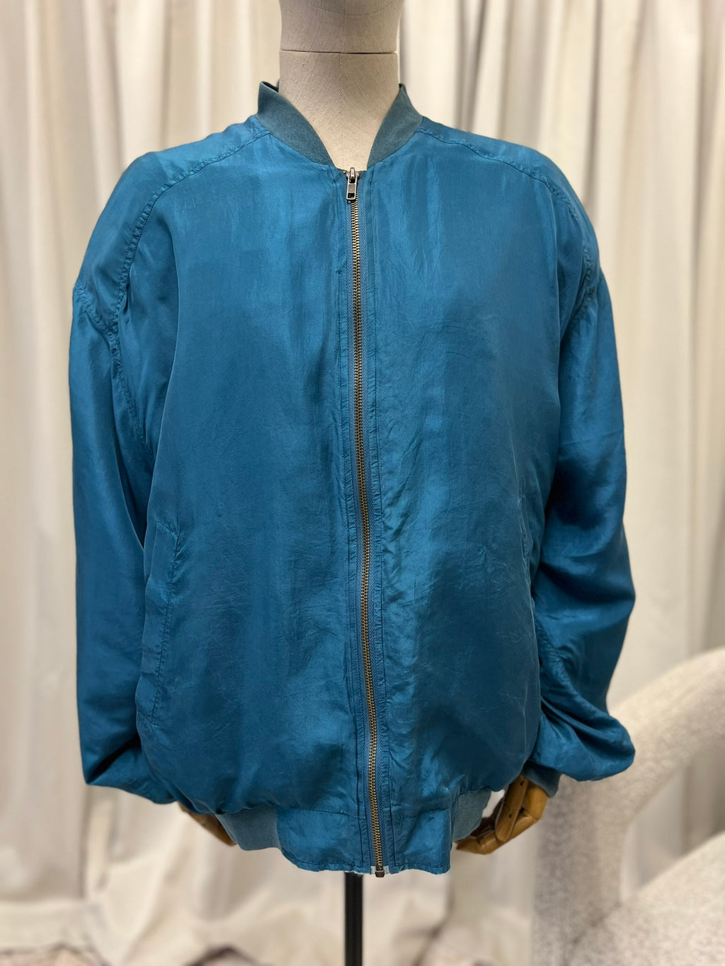 Vintage 1980s Mark Adam Teal Blue Silk Bomber Jacket 100% Silk Vintage Korean Genuine Silk Lightweight Oversized Women's Jacket Size L