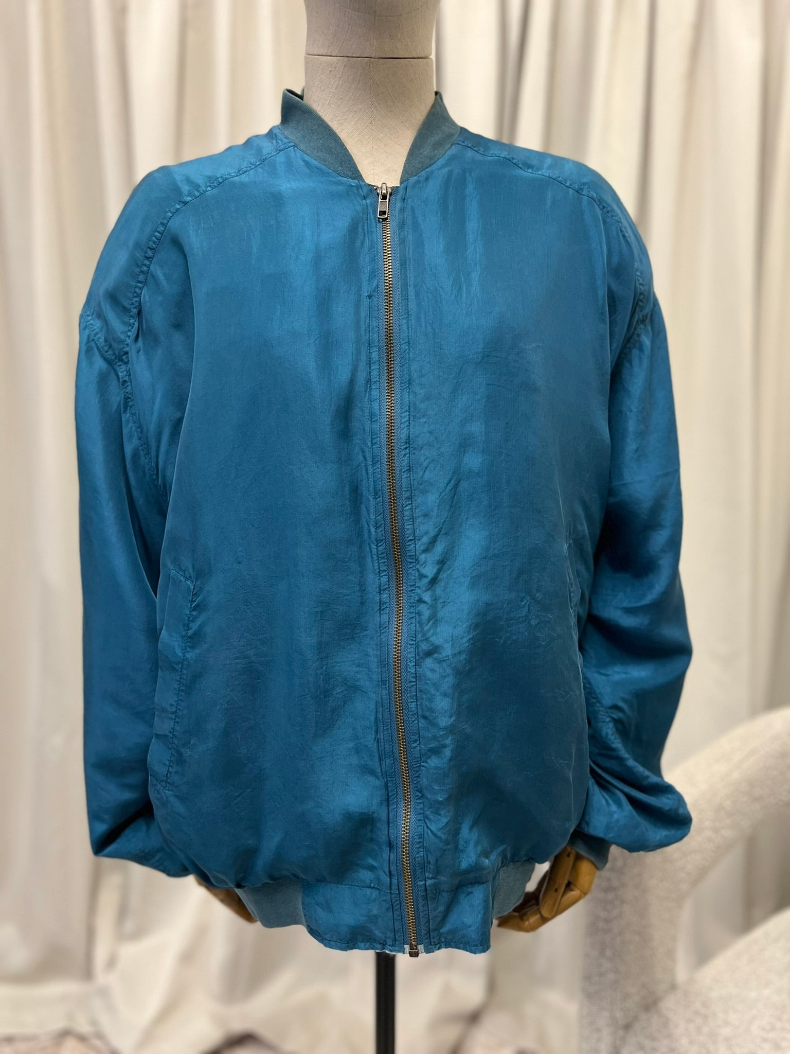 Vintage 1980s Mark Adam Teal Blue Silk Bomber Jacket 100% Silk Vintage Korean Genuine Silk Lightweight Oversized Women's Jacket Size L