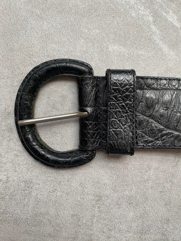 Vintage Black Croc Embossed Leather Belt Rounded Buckle Genuine Leather