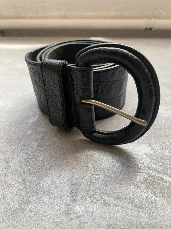 Vintage Black Croc Embossed Leather Belt Rounded Buckle Genuine Leather
