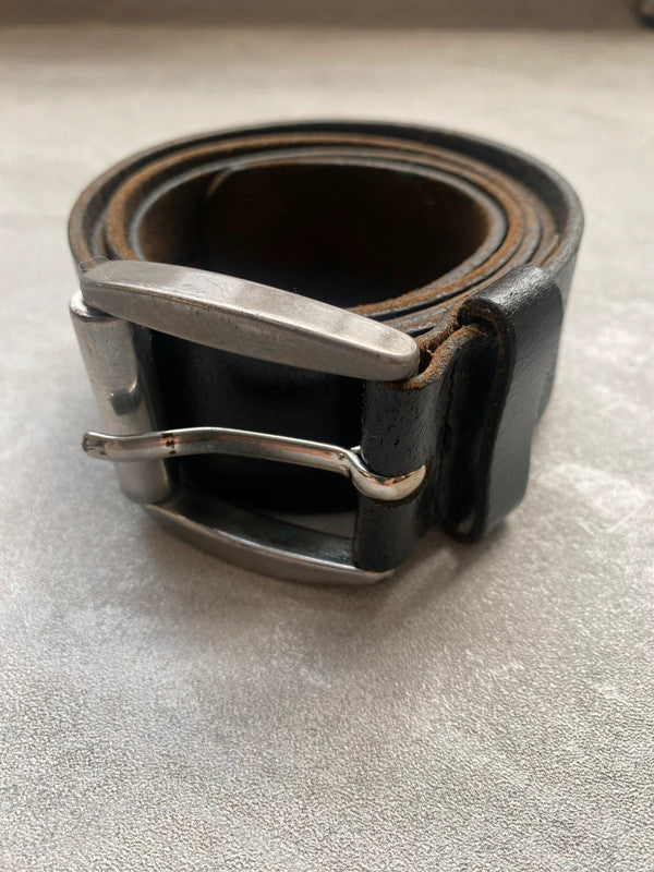 Vintage Black Italian Leather Belt Classic Silver Tone Buckle Made in Italy