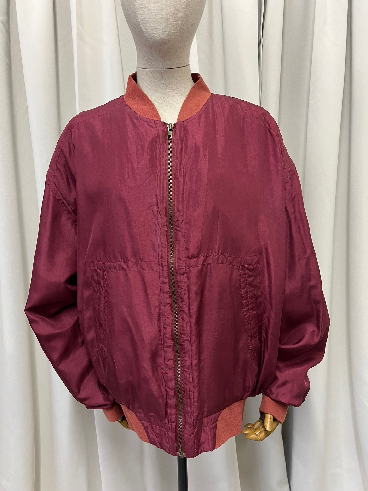 Vintage 1980s Maroon Pure Silk Bomber Jacket 100% Silk Vintage Burgundy Genuine Silk Lightweight Oversized Women's Jacket Size M