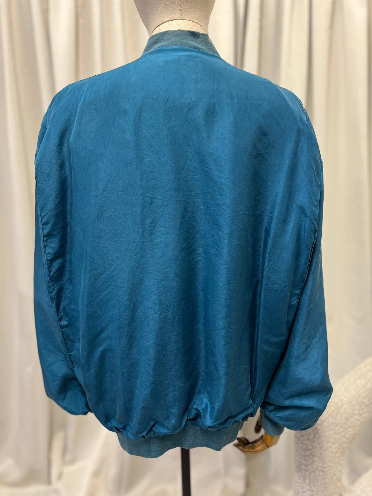 Vintage 1980s Mark Adam Teal Blue Silk Bomber Jacket 100% Silk Vintage Korean Genuine Silk Lightweight Oversized Women's Jacket Size L