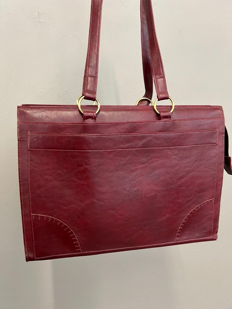 Vintage Burgundy Faux Leather Shoulder Tote 90s Minimalist Style