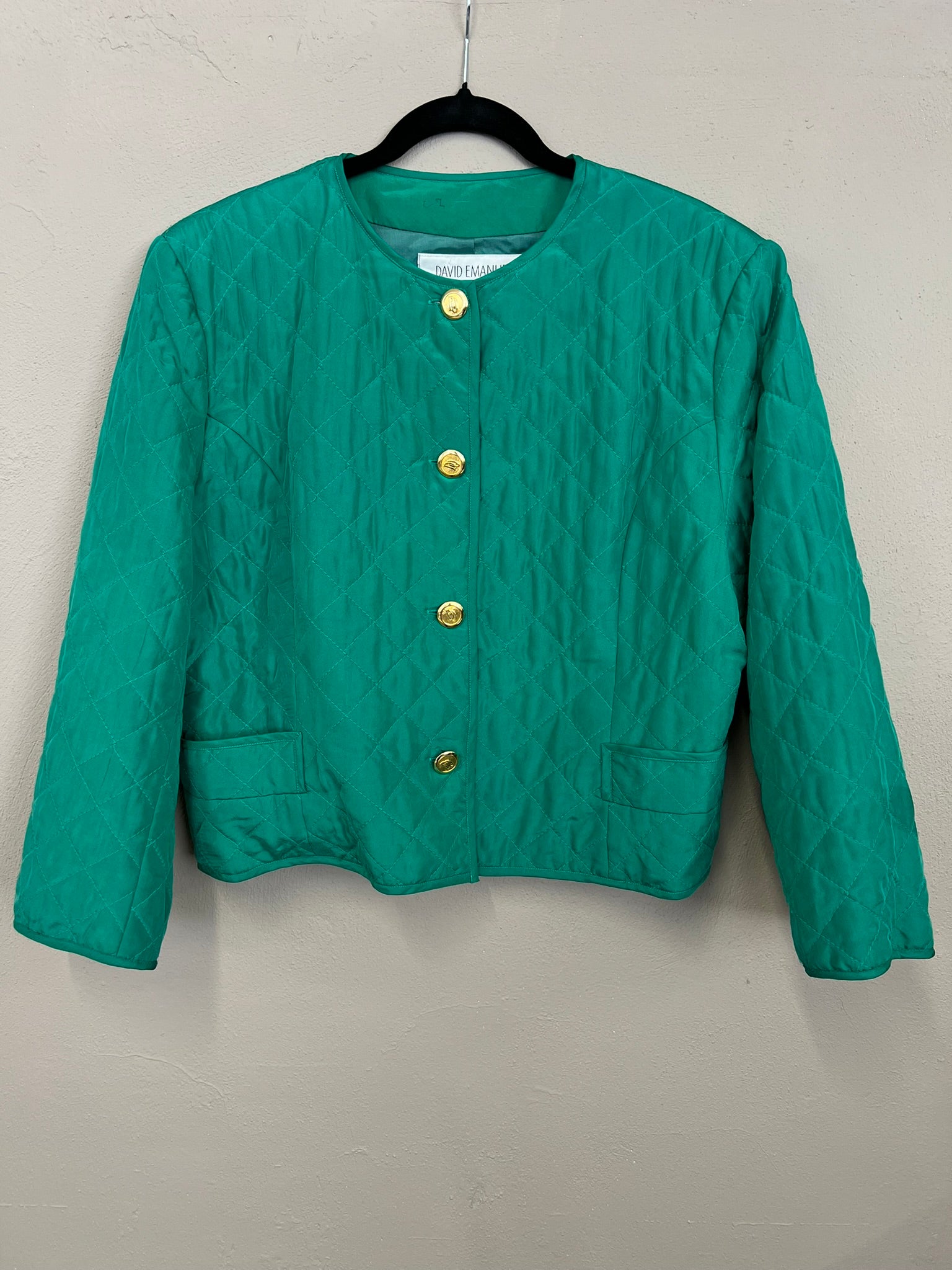 Vintage Silk Quilted Jacket David Emanuel Green Padded Jacket M UK 10 12