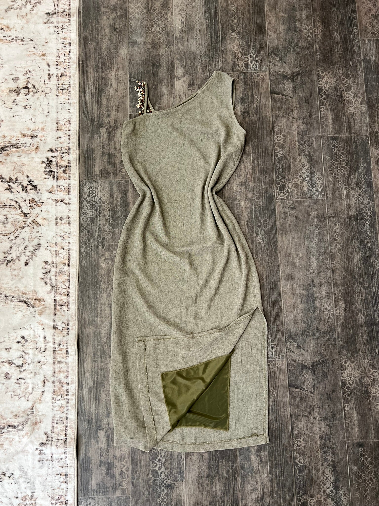 Vintage bodycon summer dress green one shoulder midi dress size UK 14