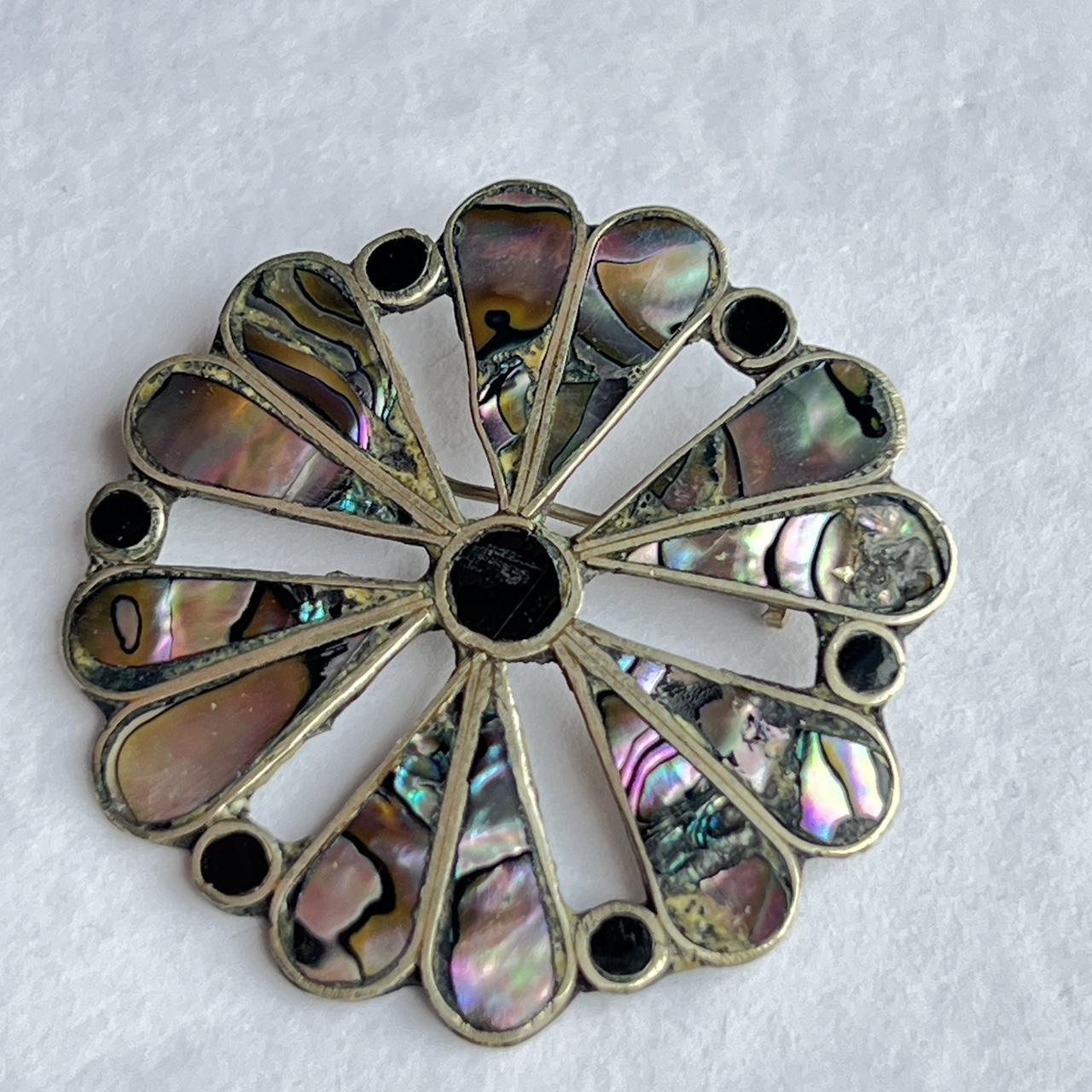 Vintage Pendant Alpaca Silver Cloisonné Mother of Pearl Brooch