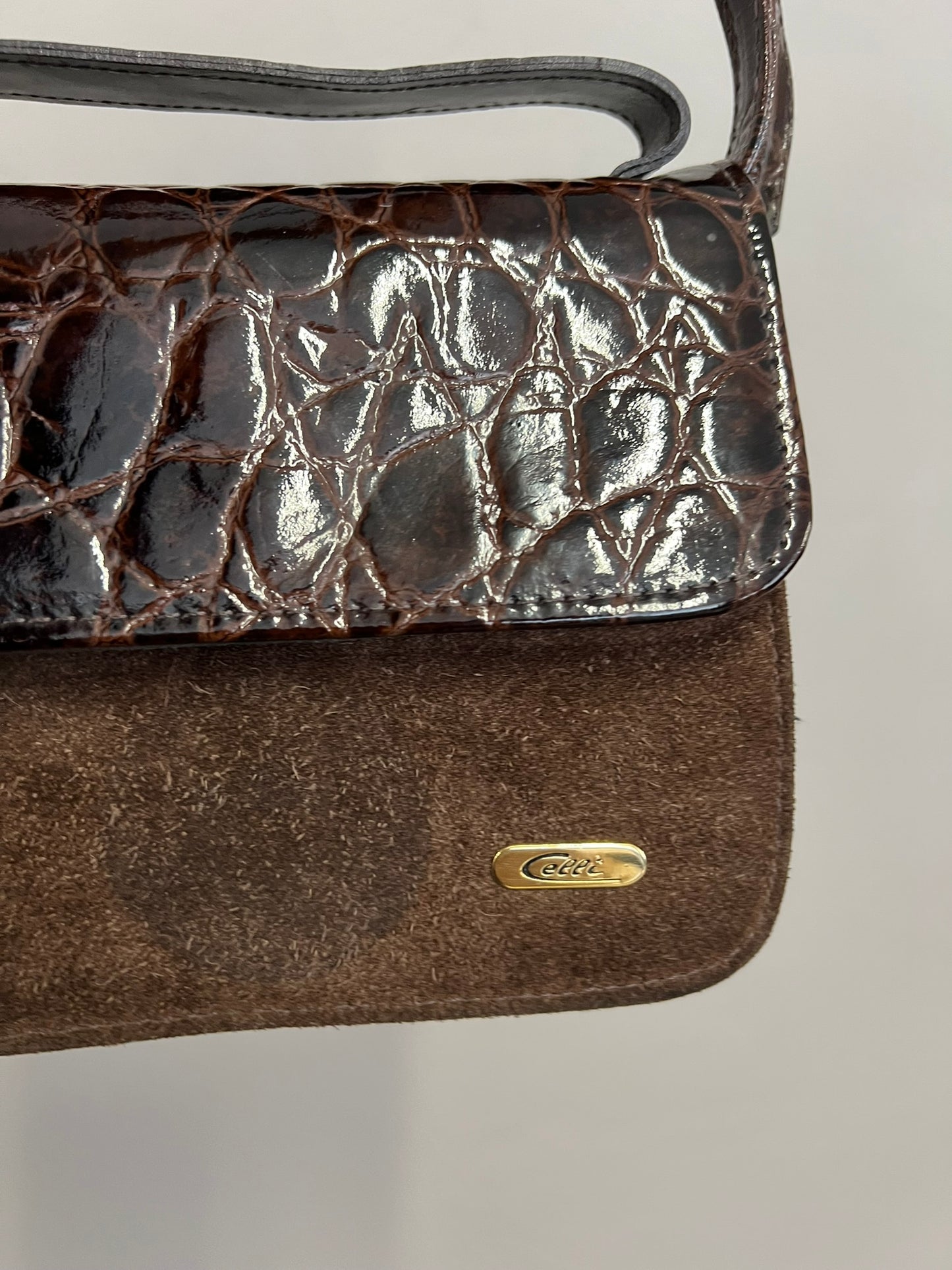 Vintage Brown Croc Suede Handbag Leather Shoulder Bag Crossbody