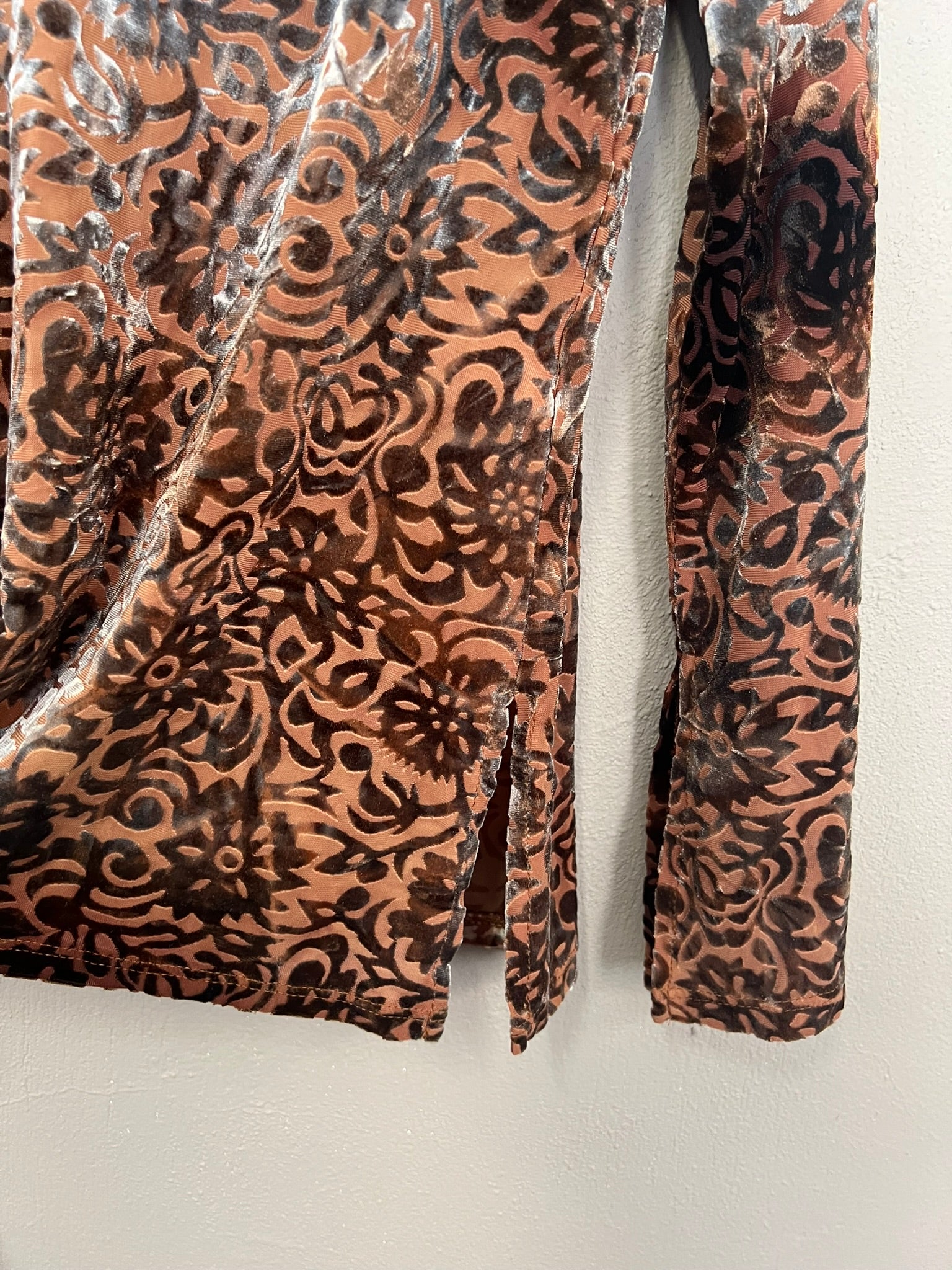 Vintage 90s Velvet Top Tan Sheer Patterned Blouse V Neck Long Sleeve with Side S
