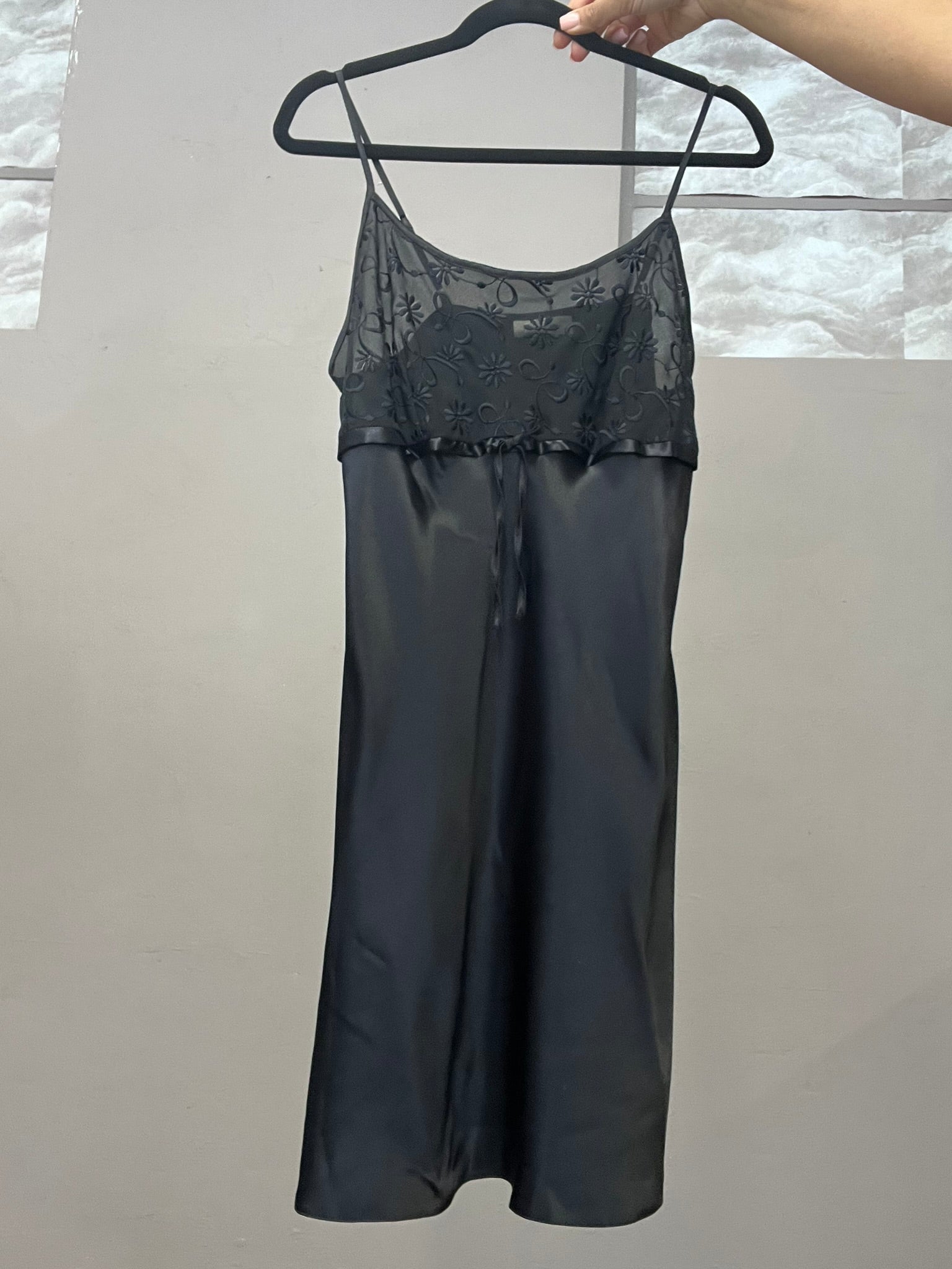 Black Slip Dress Sheer Embroidered Satin Strappy Mini Dress UK 10-12