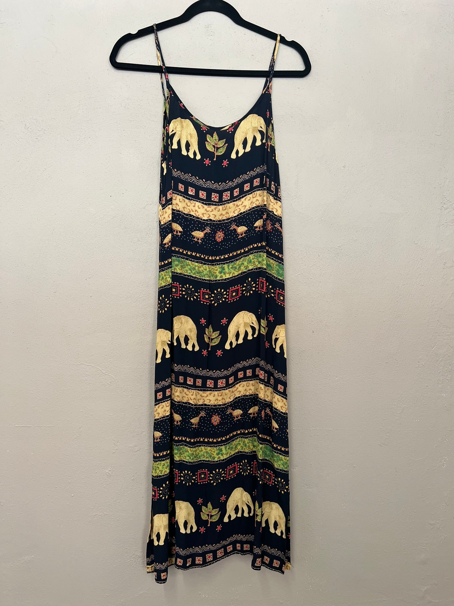 Strappy Summer Dress Vintage 90s Black Thai Print Lightweight Maxi Dress UK 8