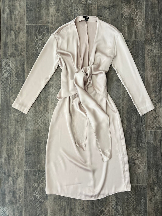 Karen Millen Dress Champagne Satin Tie Front Midi Long Sleeve UK 12