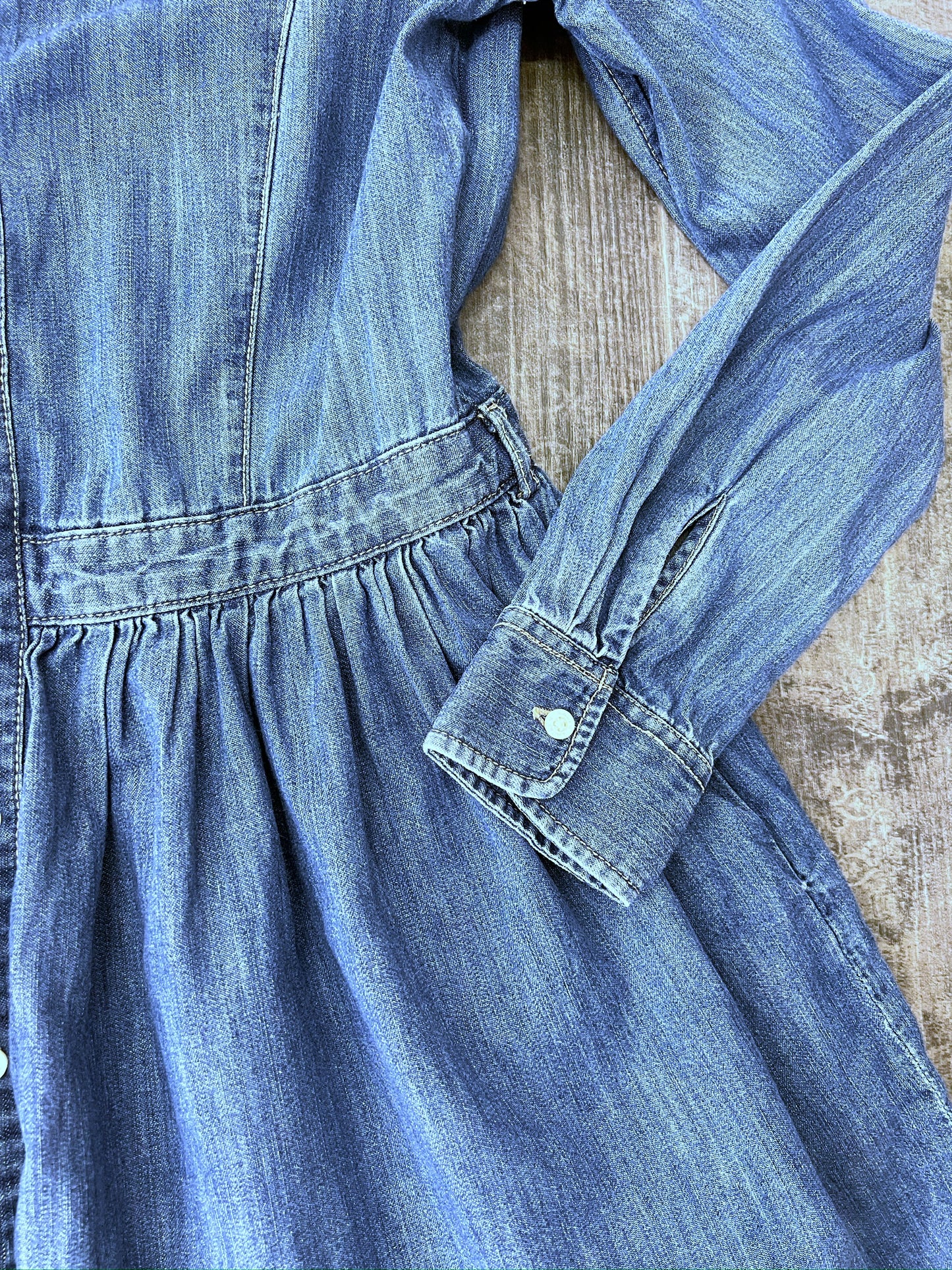 Vintage Polo Ralph Lauren Blue Denim Shirt Dress Short Pleated Long Sleeve Dress