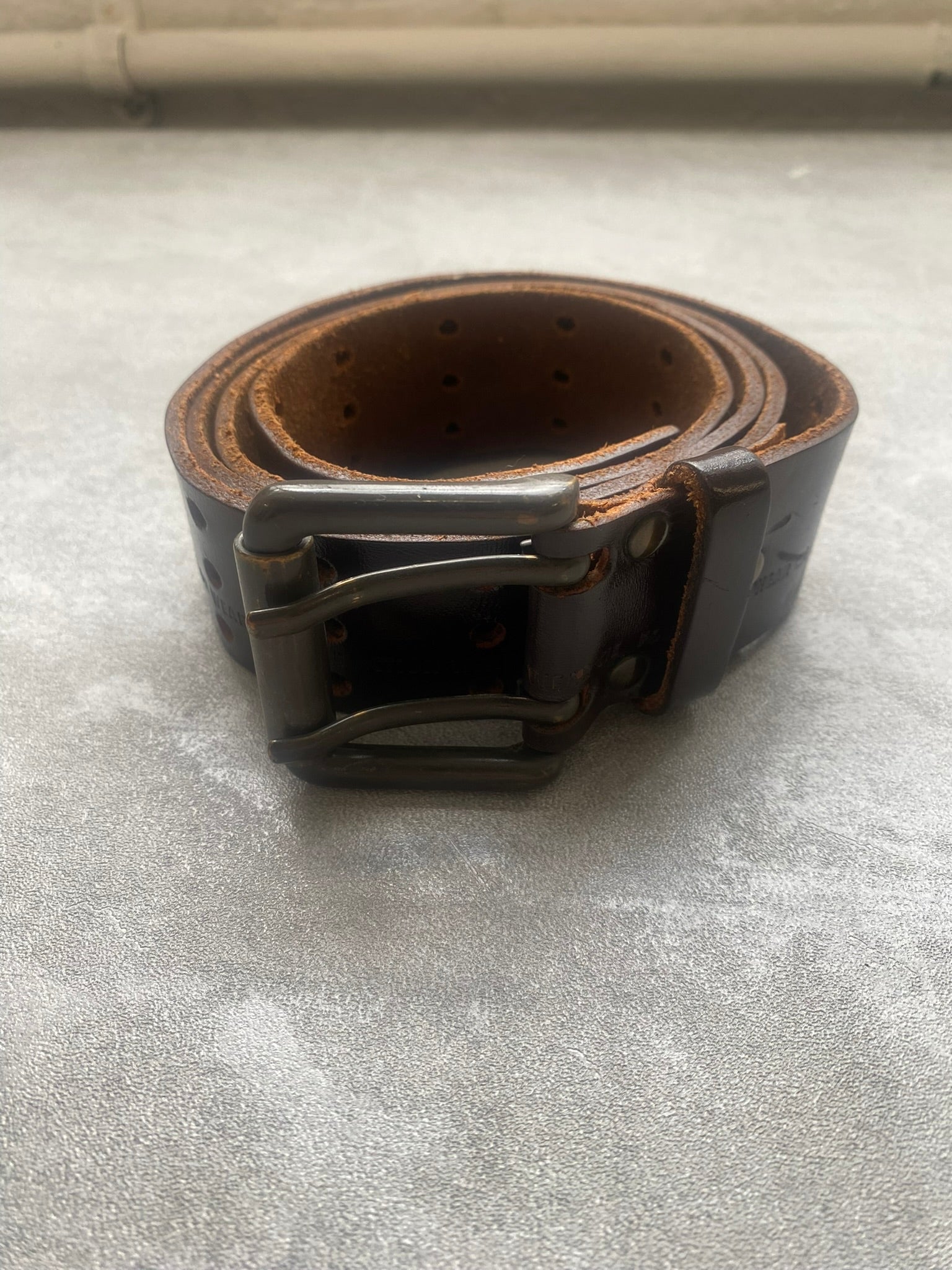Vintage Military Issue Belt Brown Leather Double Prong Belt 42