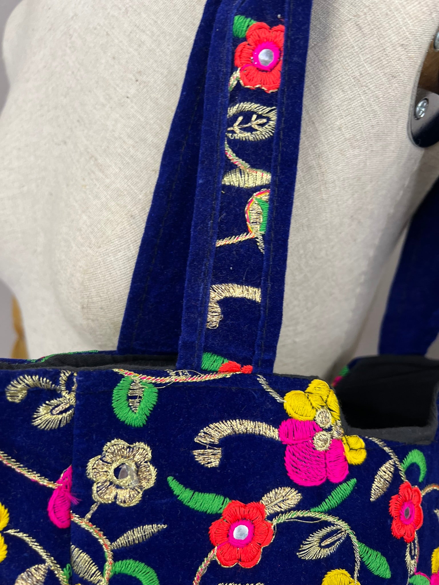 Blue Velvet Embroidered Tote Bag Vintage Mirror Detail Floral Shoulder Bag
