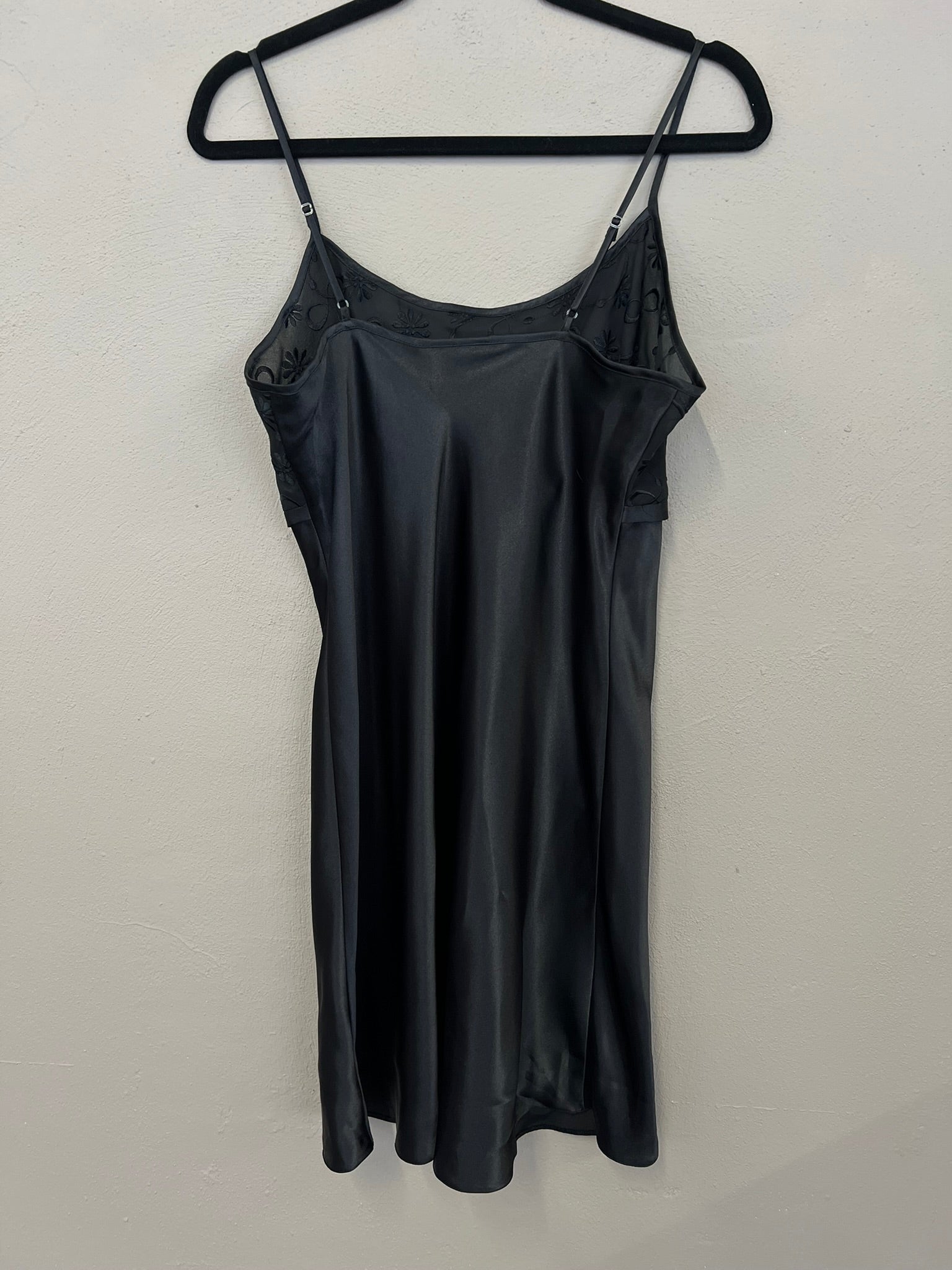 Black Slip Dress Sheer Embroidered Satin Strappy Mini Dress UK 10-12
