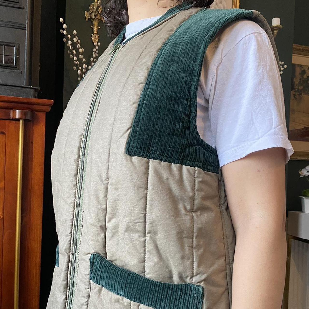 Vintage 80s Quilted Gilet Flannel Lining Padded Body Warmer Khaki with Corduroy Accents with Zipper