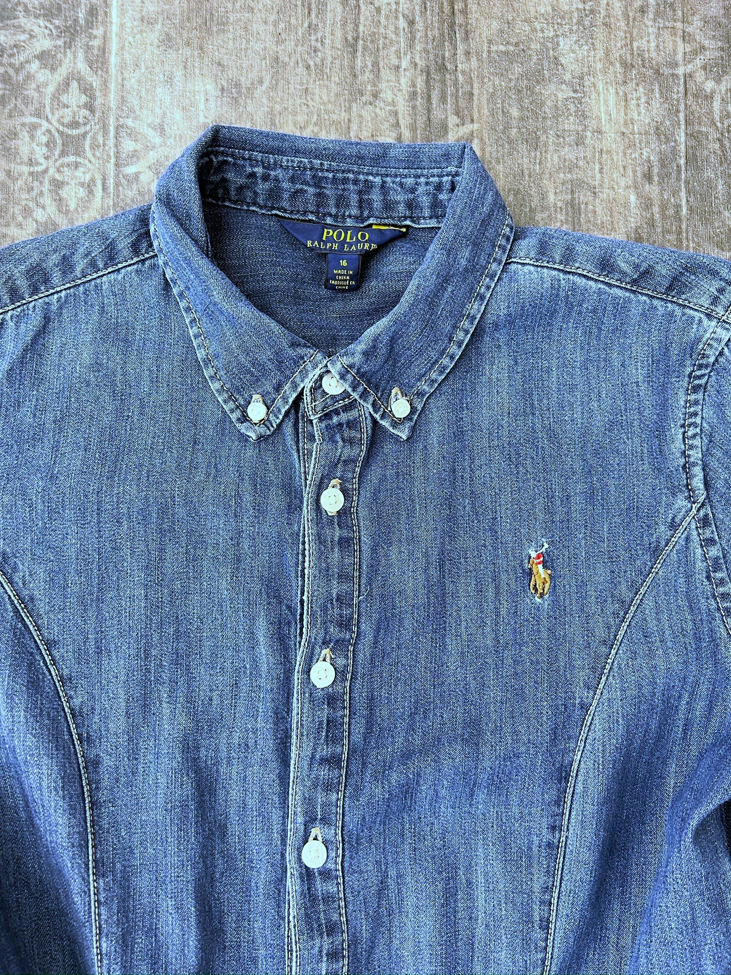 Vintage Polo Ralph Lauren Blue Denim Shirt Dress Short Pleated Long Sleeve Dress