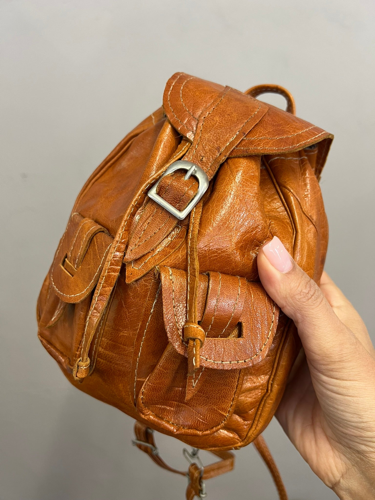 Tan Leather Mini Backpack Vintage Rucksack Bag