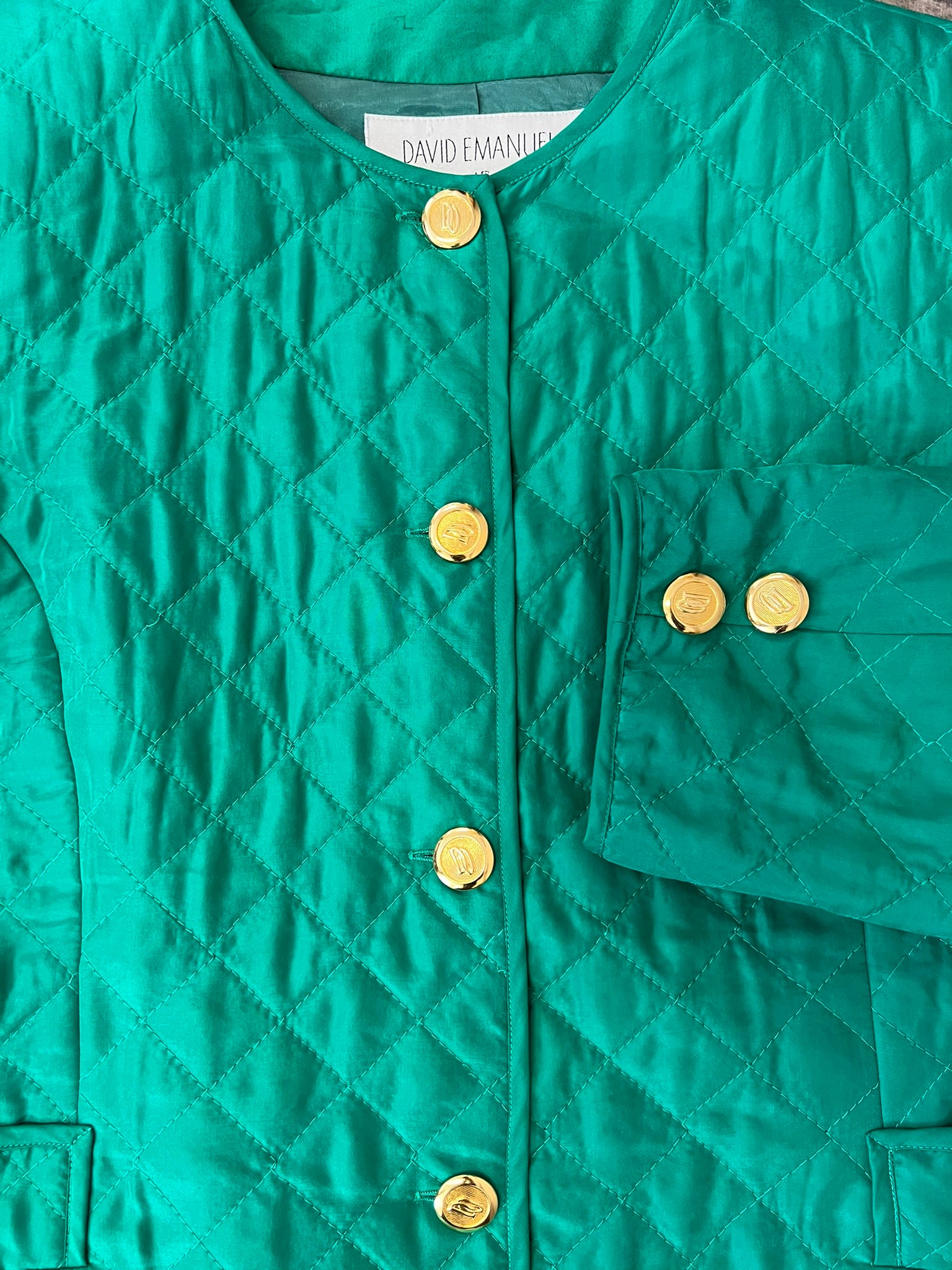 Vintage Silk Quilted Jacket David Emanuel Green Padded Jacket M UK 10 12