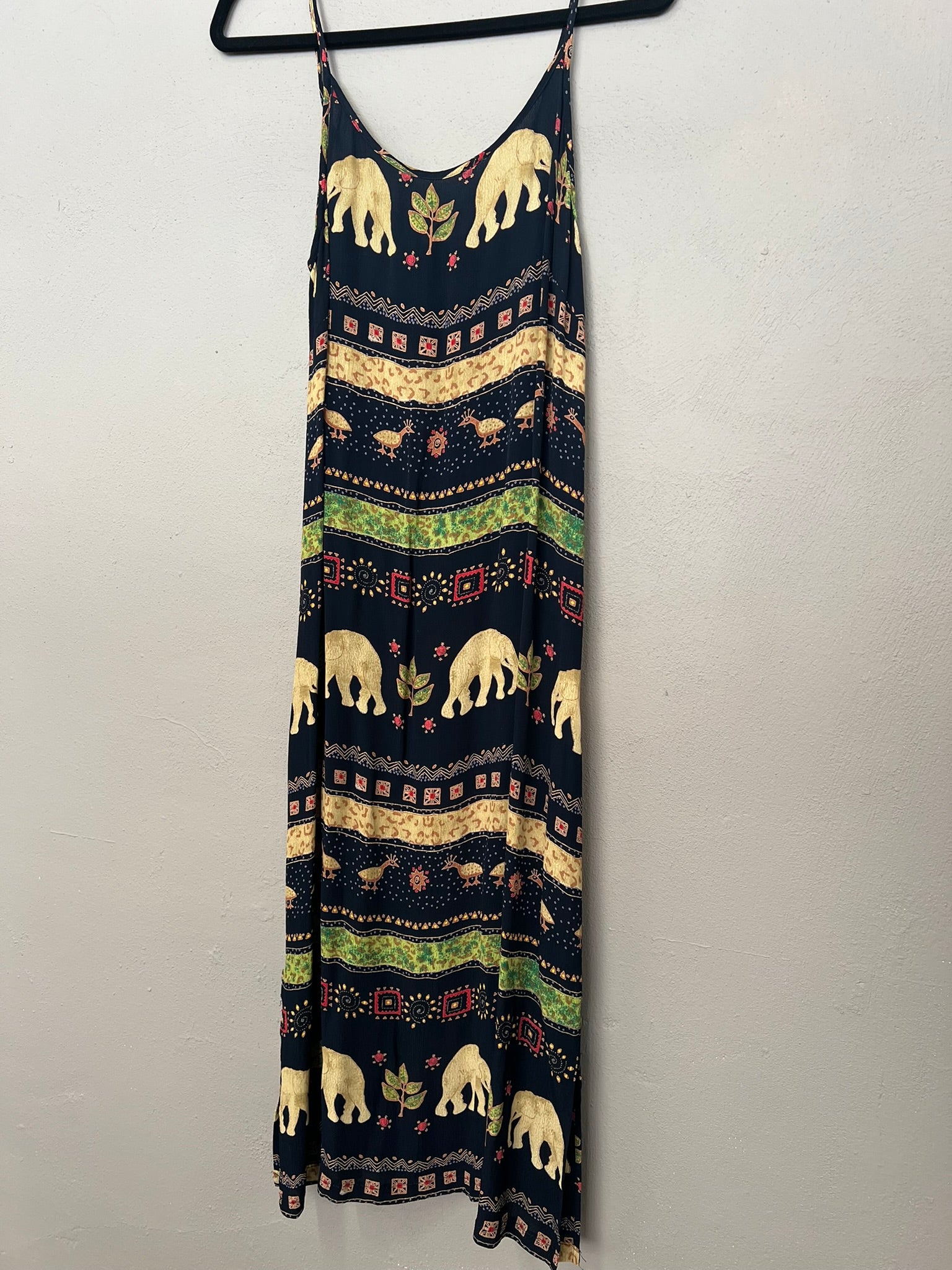 Strappy Summer Dress Vintage 90s Black Thai Print Lightweight Maxi Dress UK 8