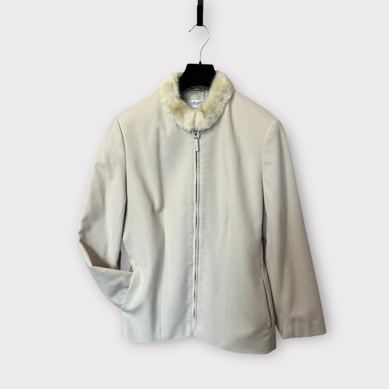 Vintage 90s Wool Suit Olsen Cream Two Piece Skirt Suit Neutral Jacket and Maxi Skirt Faux Fur Collar