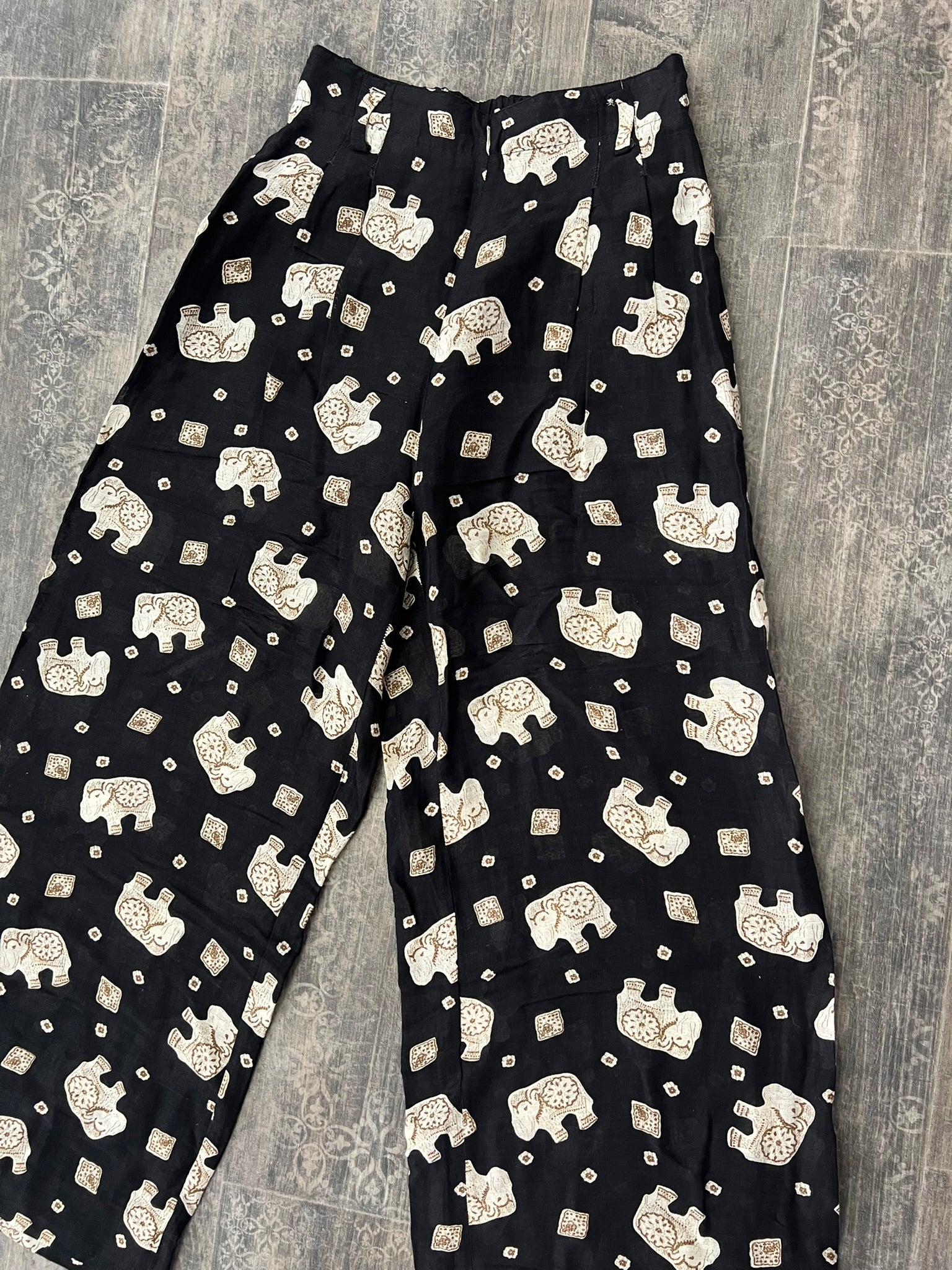 Wide Leg Trousers Vintage 1990s Betty Barclay Linen Blend Printed UK 6–8 Petite