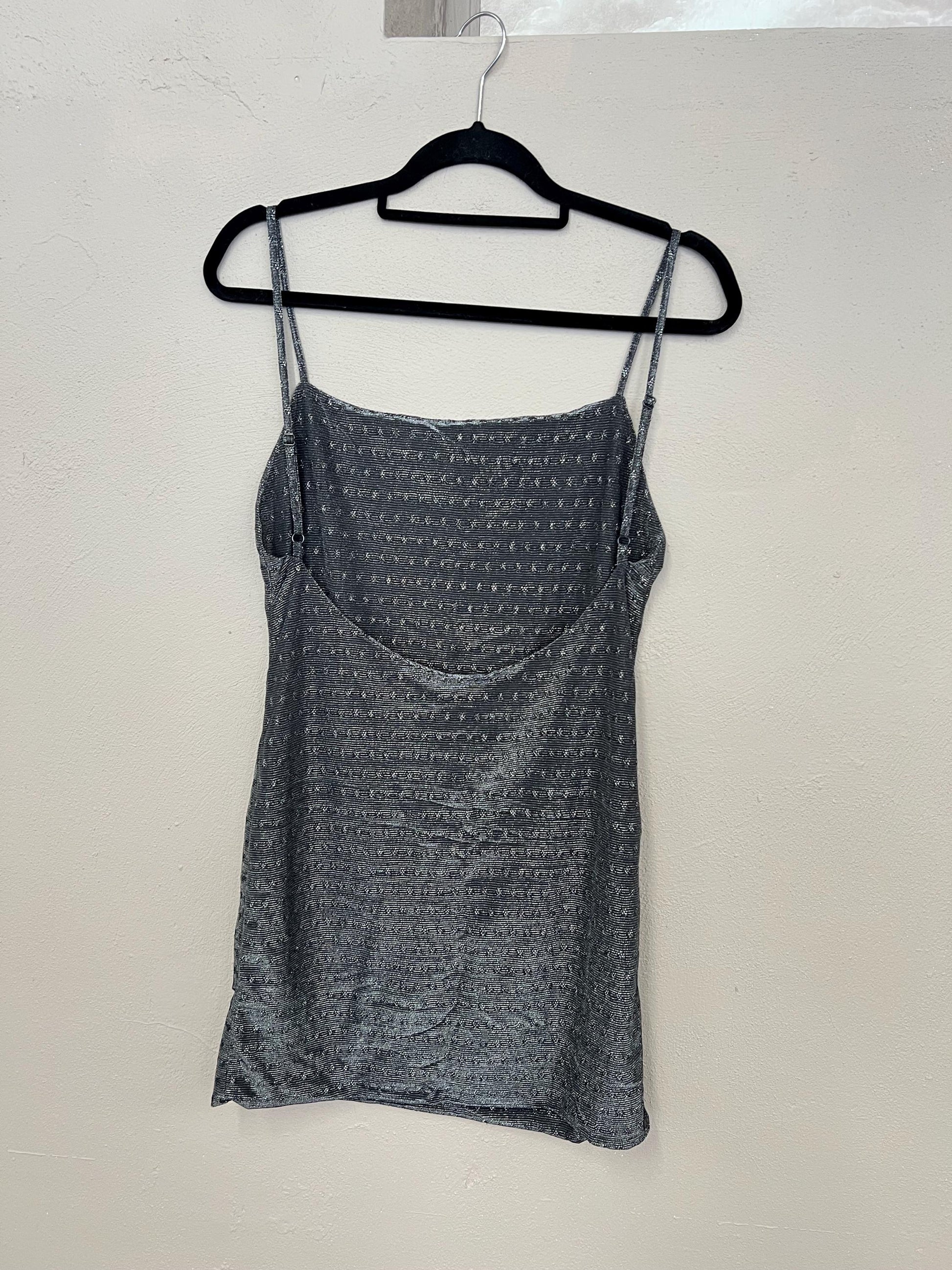Silver Metallic Bodycon Mini Dress | Vintage | Backless Slinky Clubwear | Micro Mini