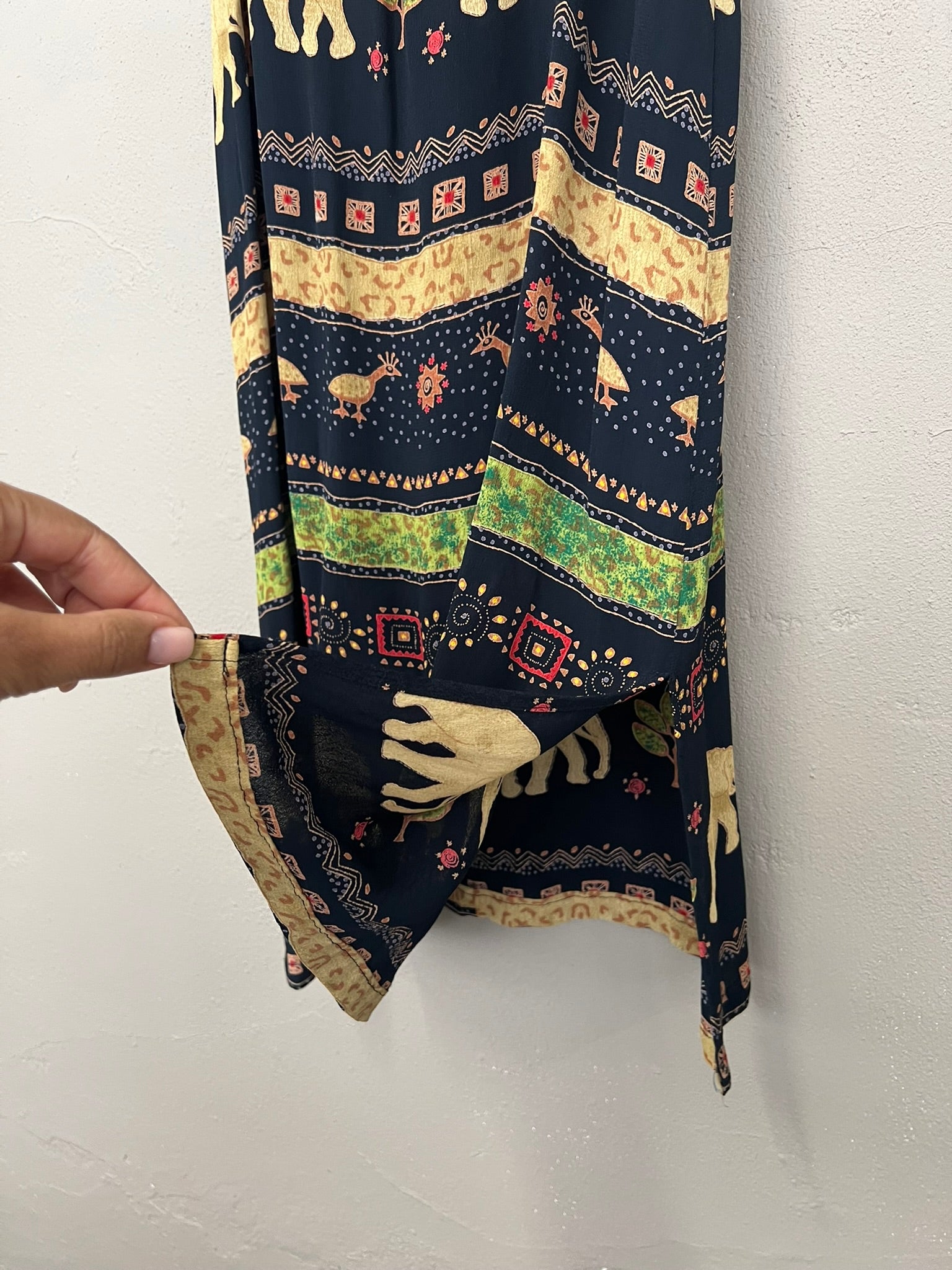 Strappy Summer Dress Vintage 90s Black Thai Print Lightweight Maxi Dress UK 8