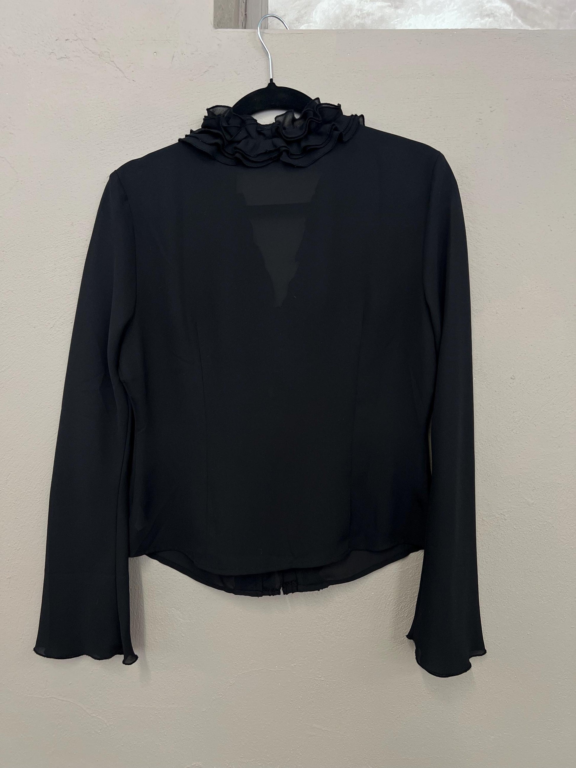 Sheer Black Blouse Vintage 1990s Long Sleeve Shirt Ruffle Collar Flowy Sleeve 90s Top