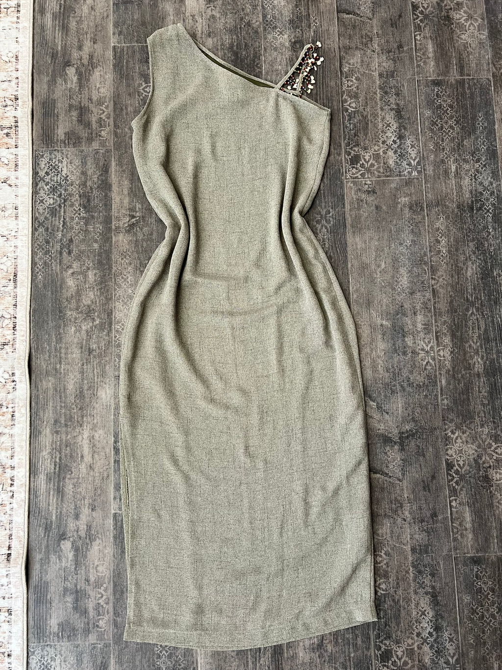 Vintage bodycon summer dress green one shoulder midi dress size UK 14