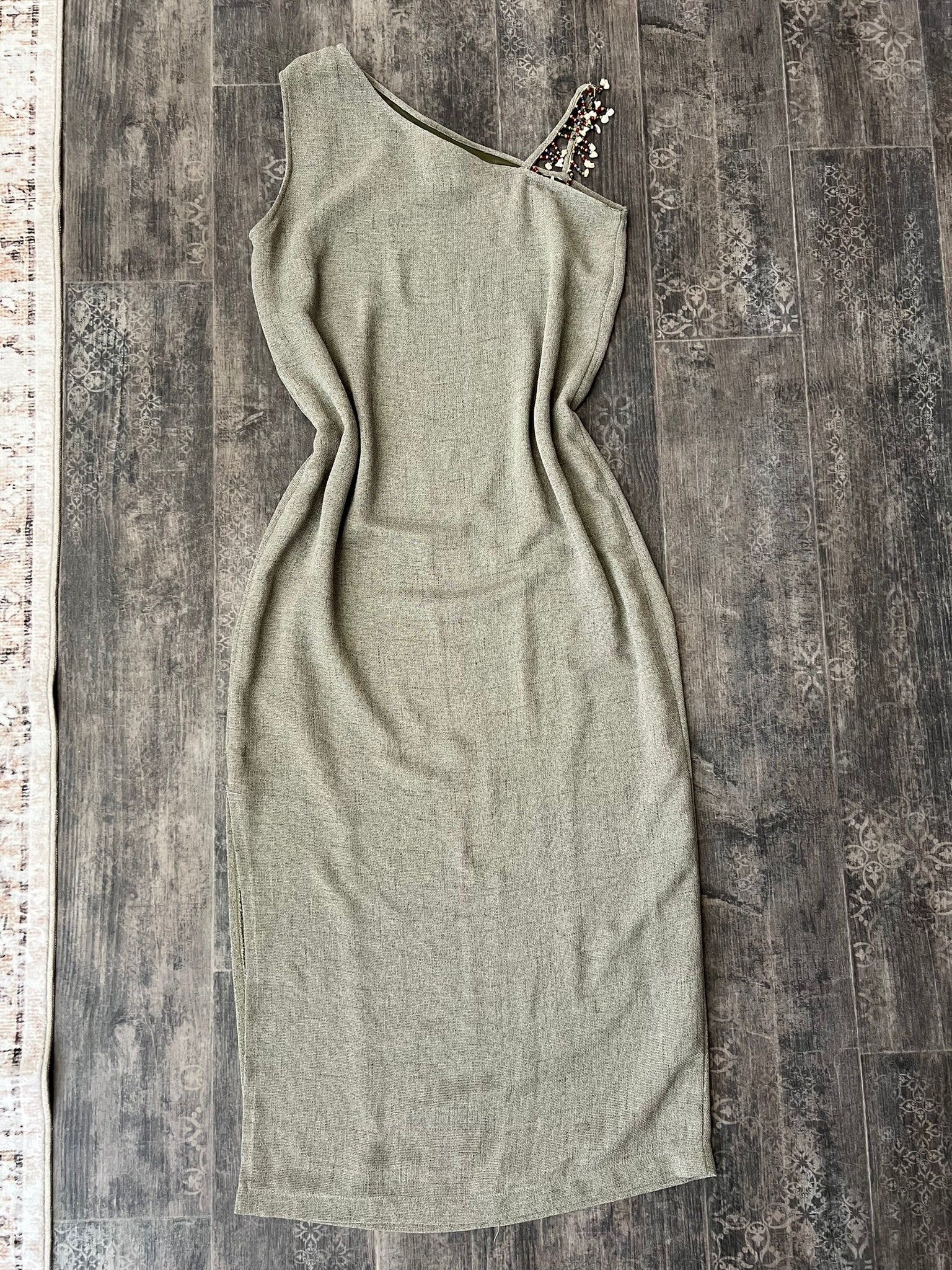 Vintage bodycon summer dress green one shoulder midi dress size UK 14