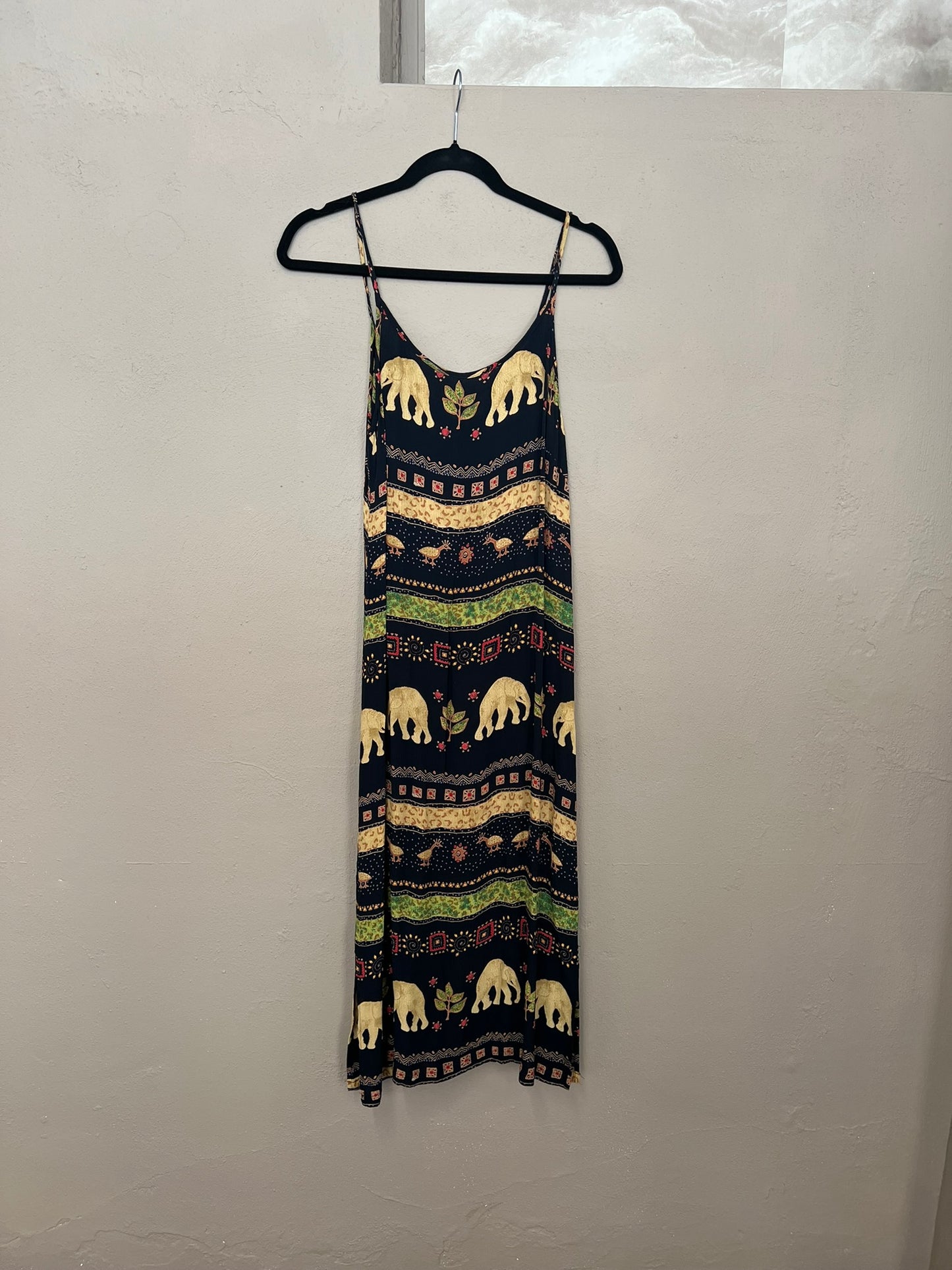 Strappy Summer Dress Vintage 90s Black Thai Print Lightweight Maxi Dress UK 8