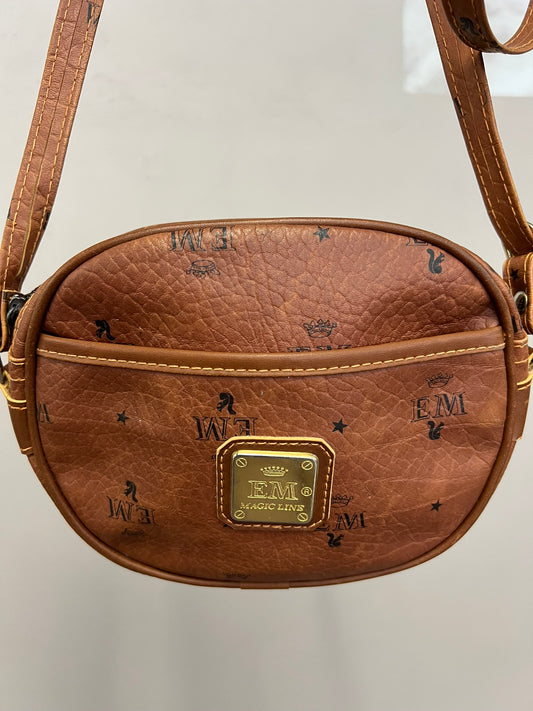 Vintage Monogram Faux Leather Crossbody Bag Tan Mini Handbag