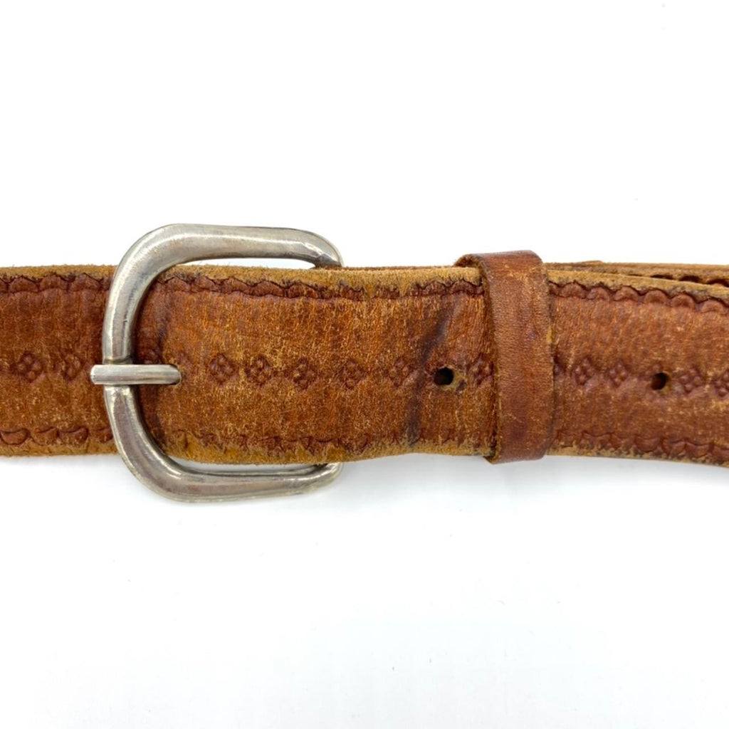 Vintage Leather Belt Brown Tooled Leather Western Belt Braided Woven Detail Silver Tone Buckle