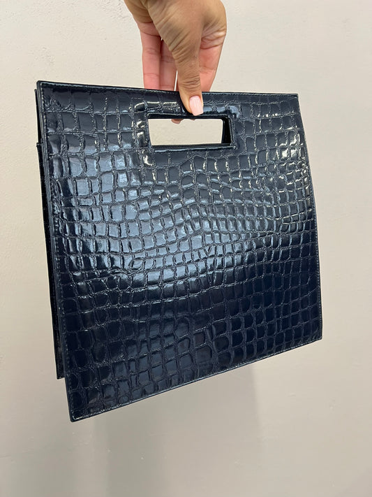 Vintage Navy Faux Croc Patent Cutout Handle Bag