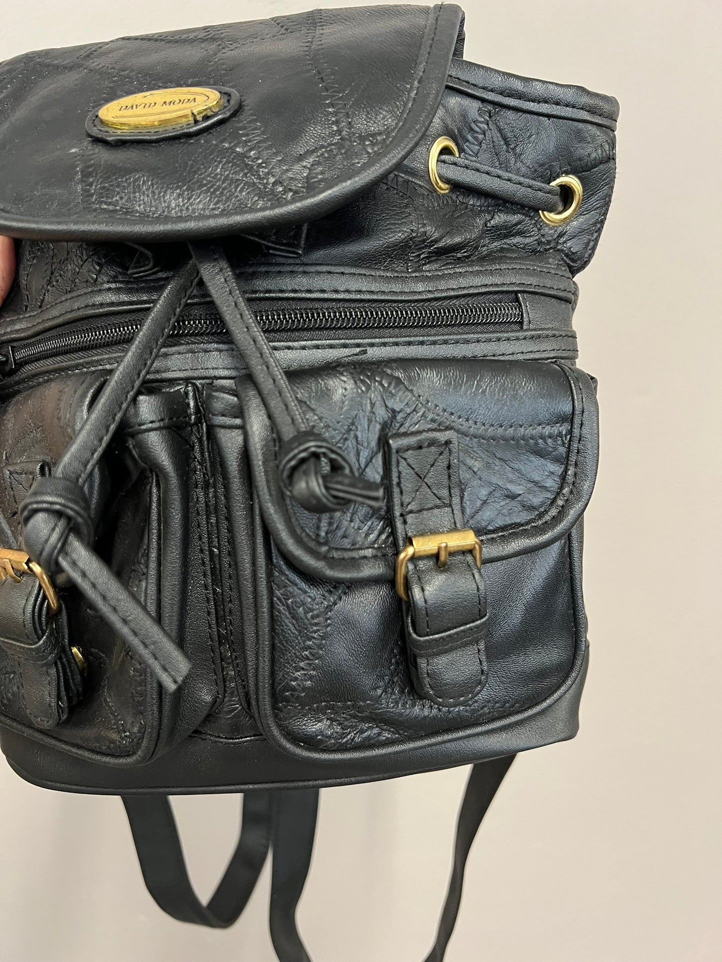 Vintage Black Leather Mini Backpack 90s Patchwork Leather Handbag