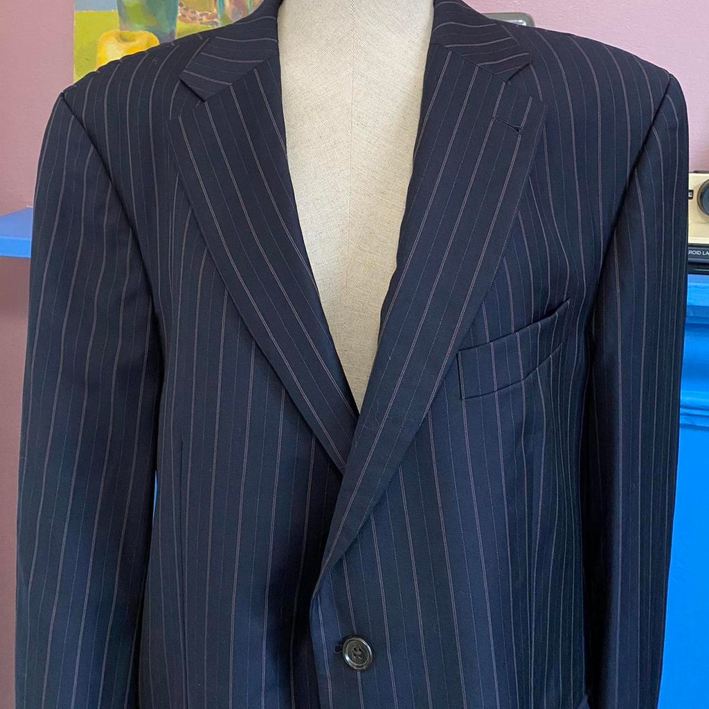 Tommy Hilfiger Blazer 90s Vintage 100% Virgin Wool Charcoal Grey Chalk Pinstripe Suit Jacket 2 Butto