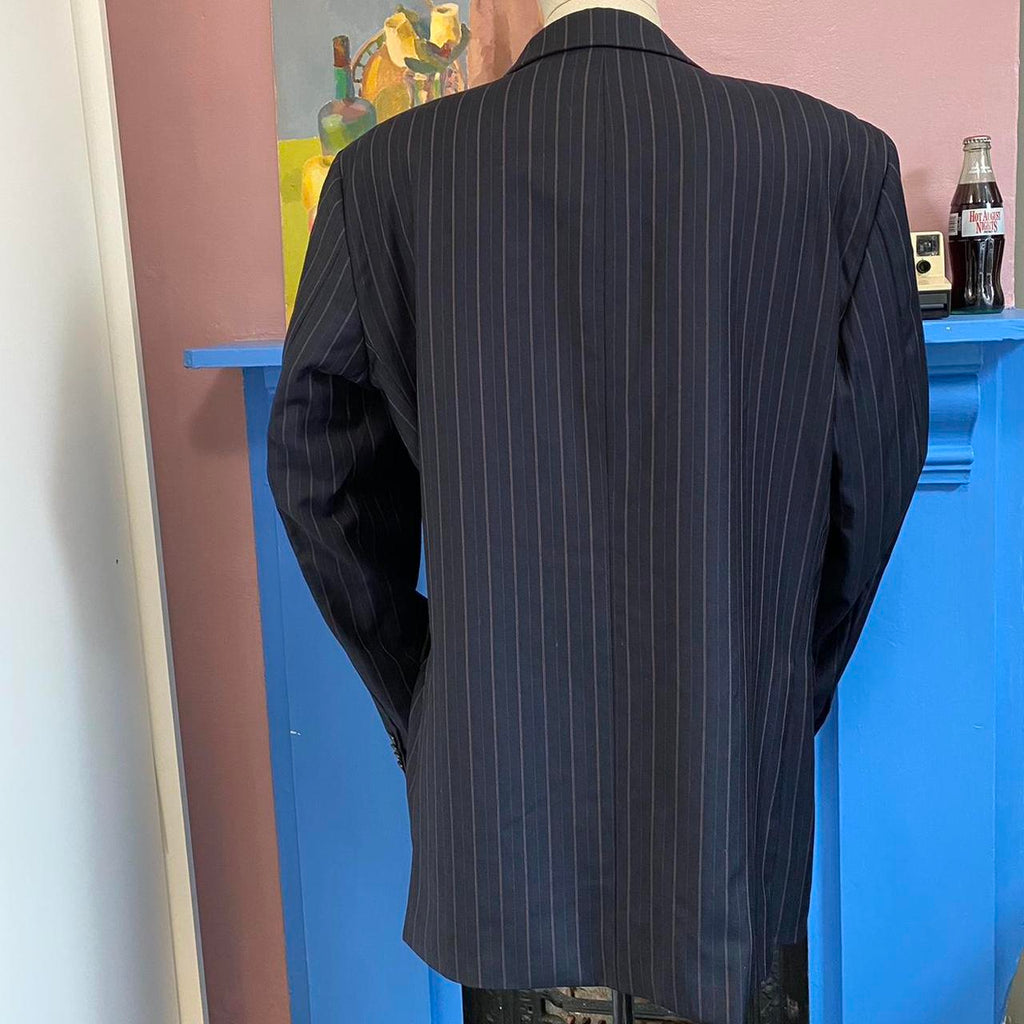 Tommy Hilfiger Blazer 90s Vintage 100% Virgin Wool Charcoal Grey Chalk Pinstripe Suit Jacket 2 Butto