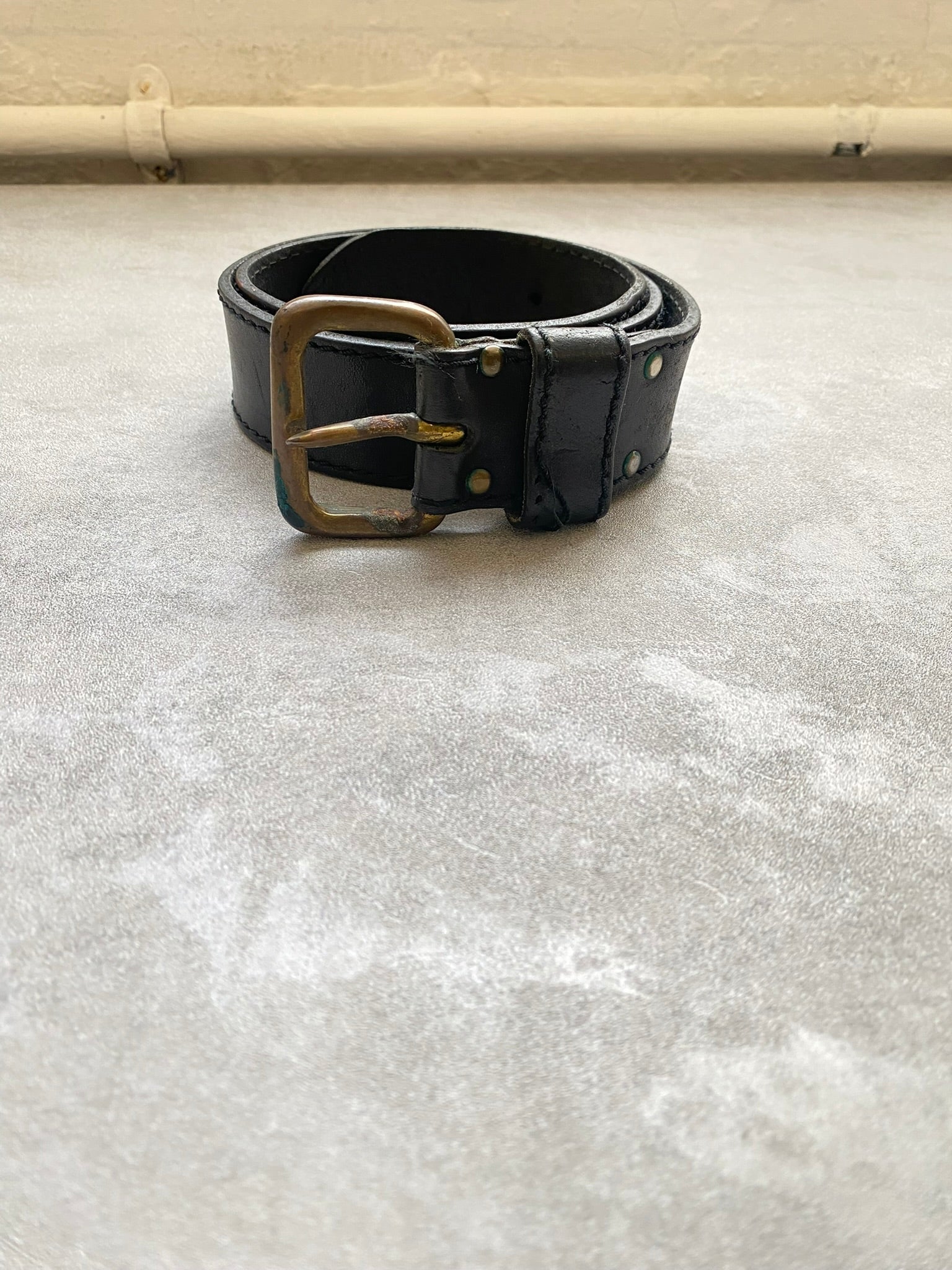 Vintage Saddle Leather Belt Black Brass Buckle Size Small